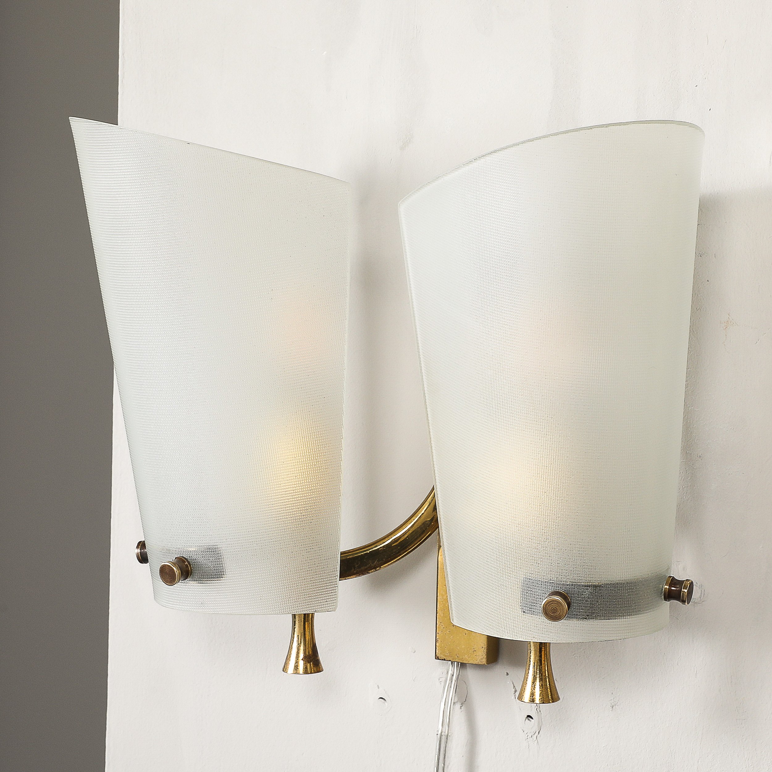 Pair of Italian Mid-Century Double Shaded Textured Glass & Brass Wall Sconces offered by High Style Deco — image 12