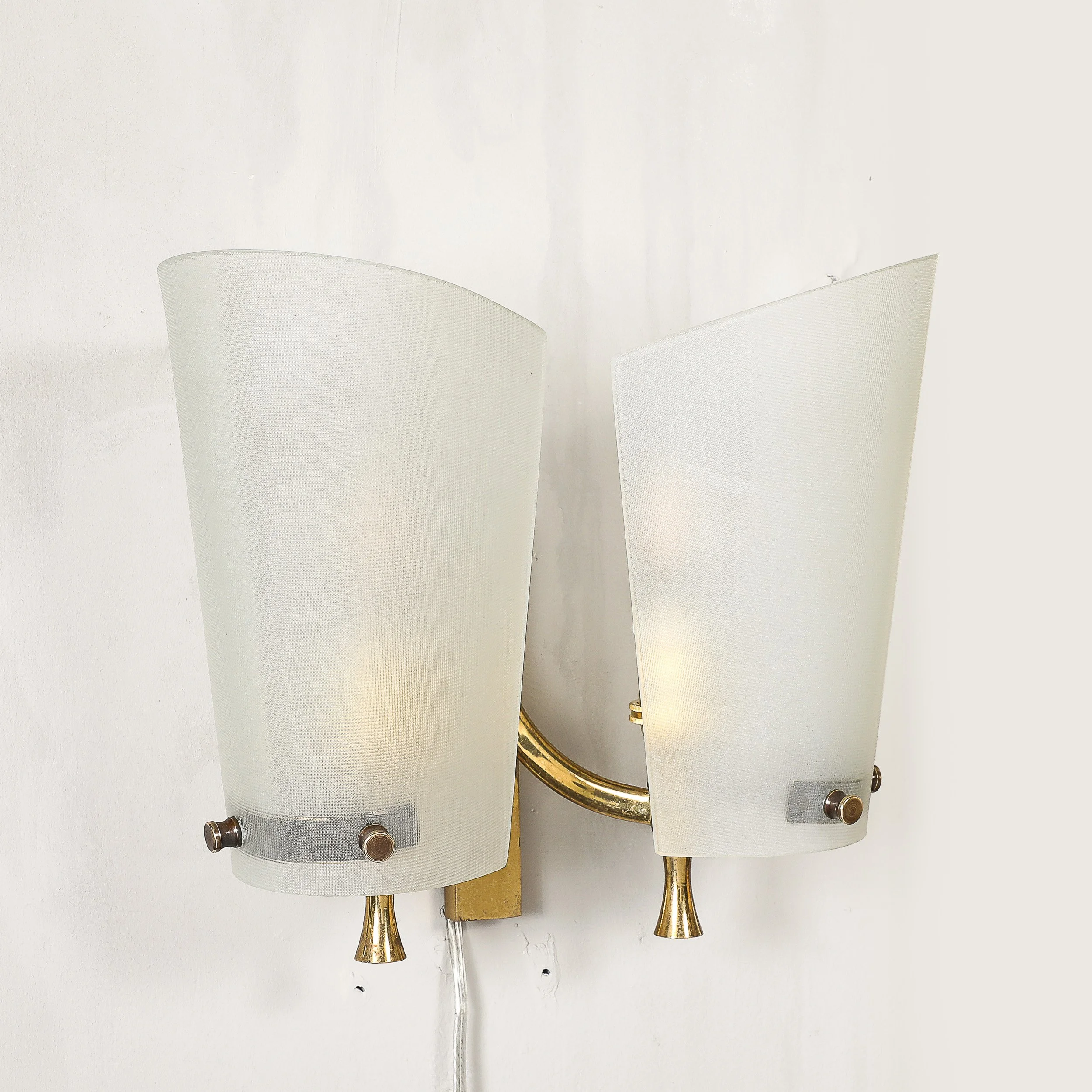 Pair of Italian Mid-Century Double Shaded Textured Glass & Brass Wall Sconces offered by High Style Deco — image 13