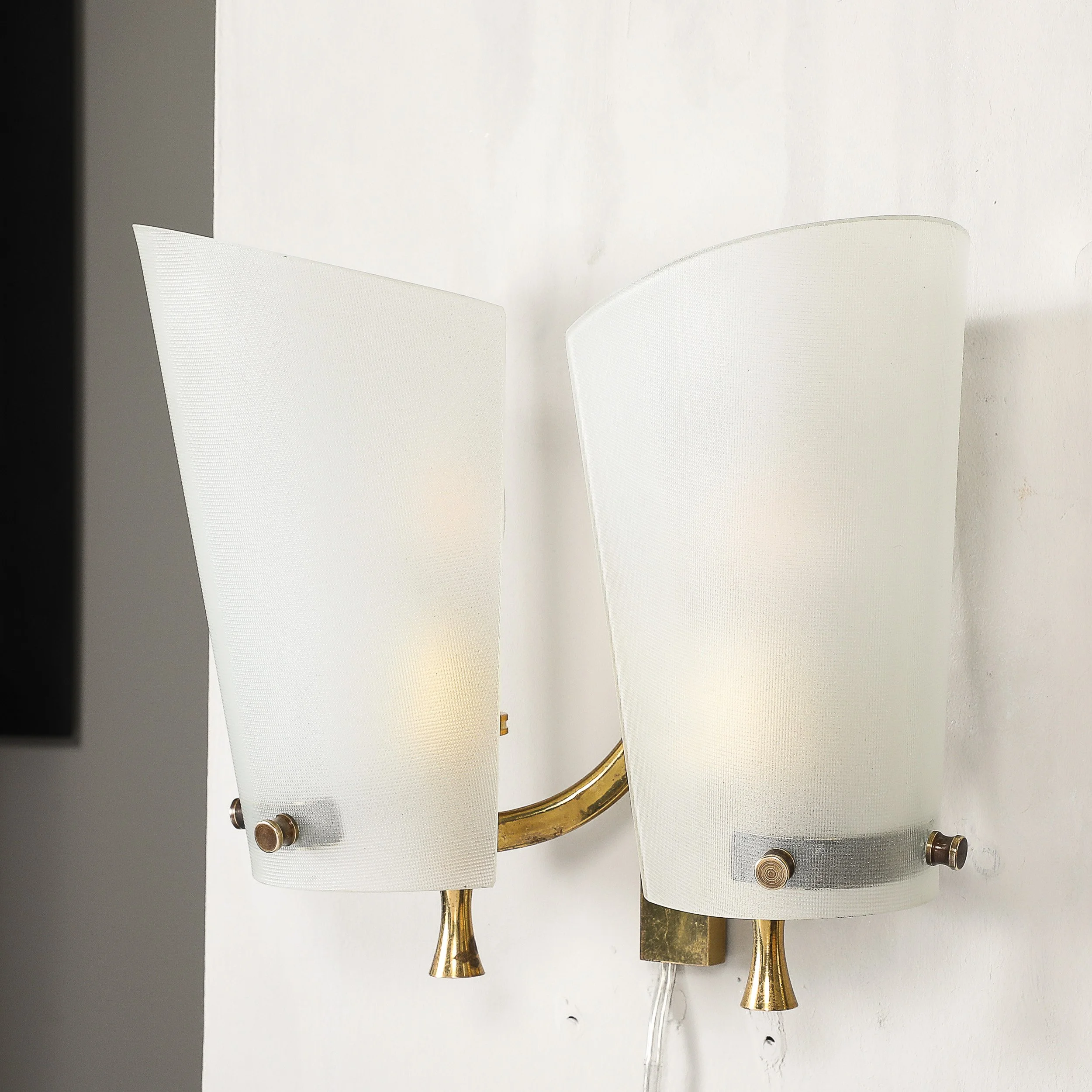 Pair of Italian Mid-Century Double Shaded Textured Glass & Brass Wall Sconces offered by High Style Deco — image 16
