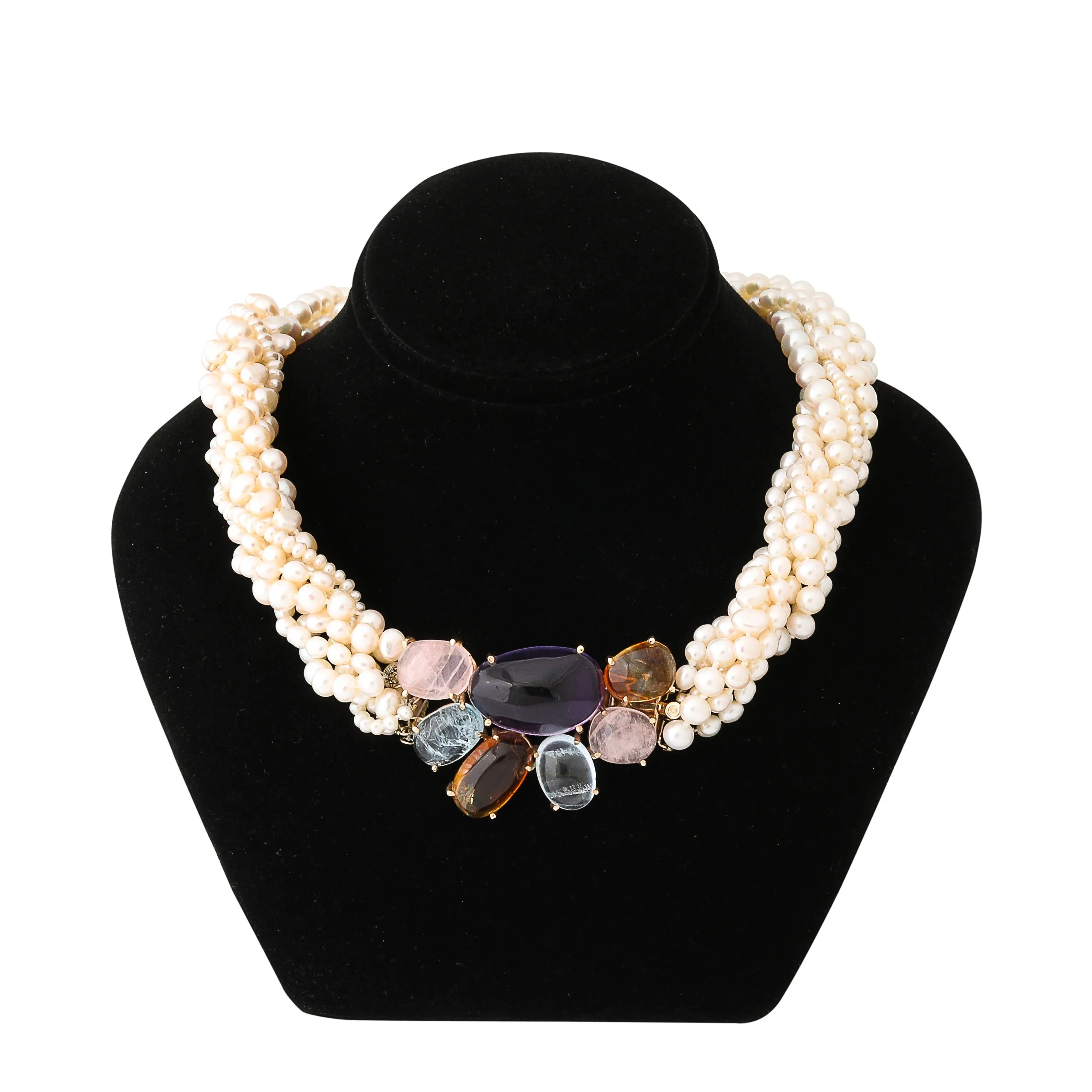 Modernist 14k Gold & Cultured Pearl Necklace w/ Cabochon Gems signed Willis offered by High Style Deco — image 1