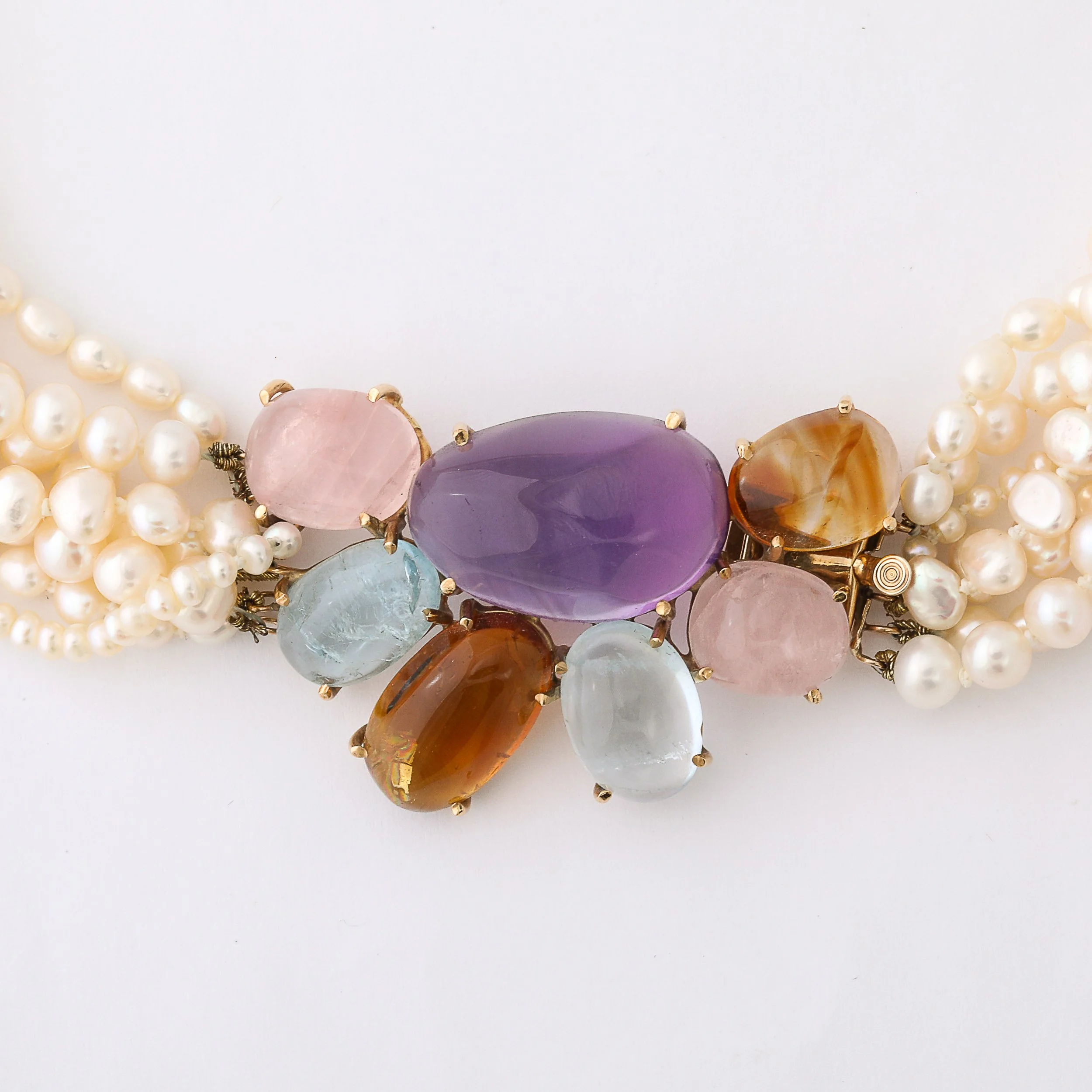 Modernist 14k Gold & Cultured Pearl Necklace w/ Cabochon Gems signed Willis offered by High Style Deco — image 2