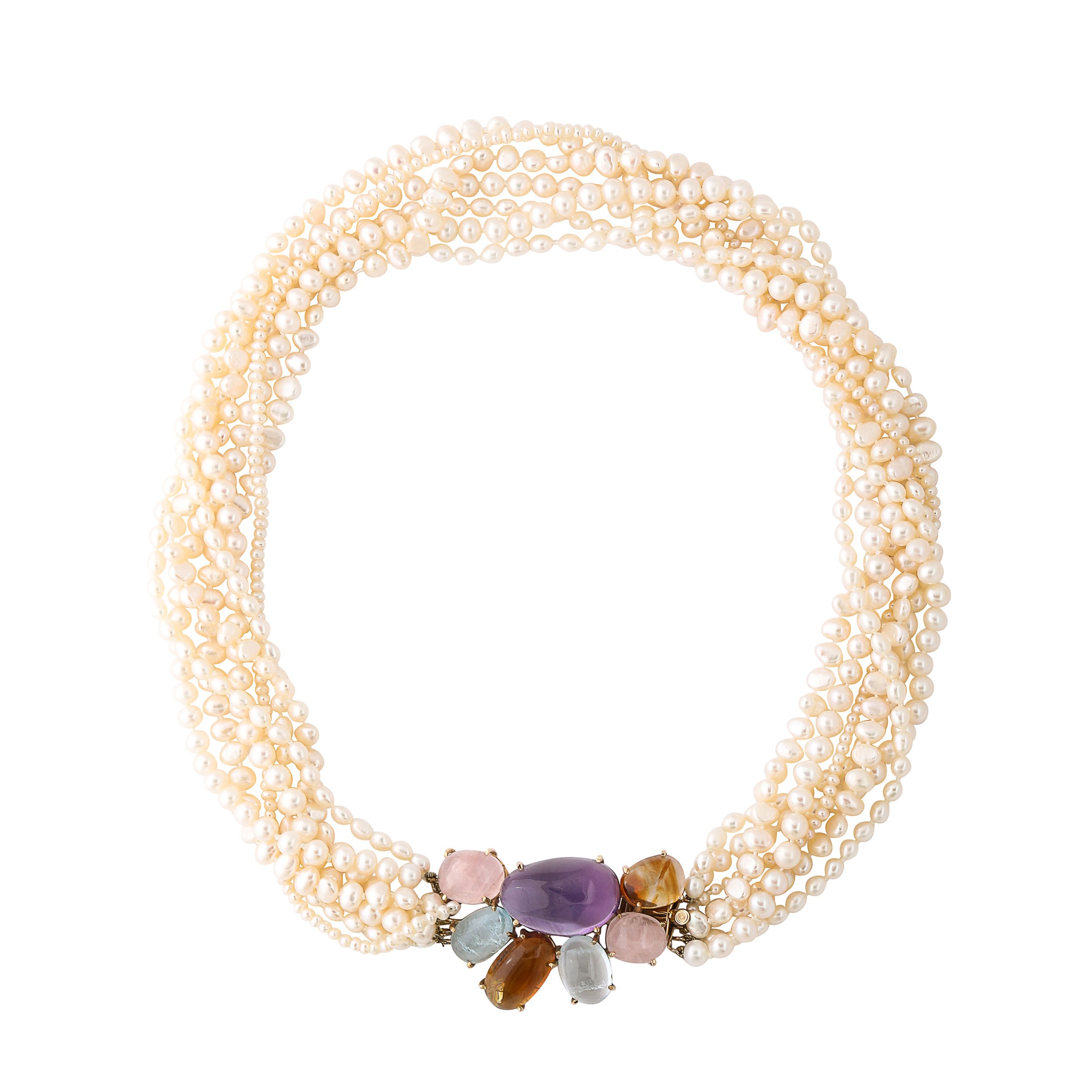 Modernist 14k Gold & Cultured Pearl Necklace w/ Cabochon Gems signed Willis offered by High Style Deco — image 3