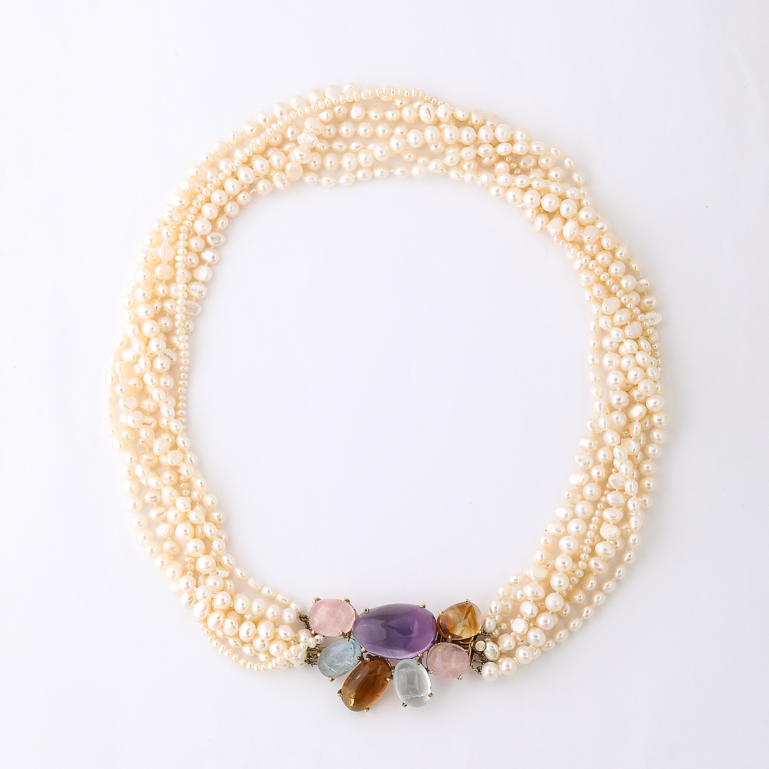 Modernist 14k Gold & Cultured Pearl Necklace w/ Cabochon Gems signed Willis offered by High Style Deco — image 5