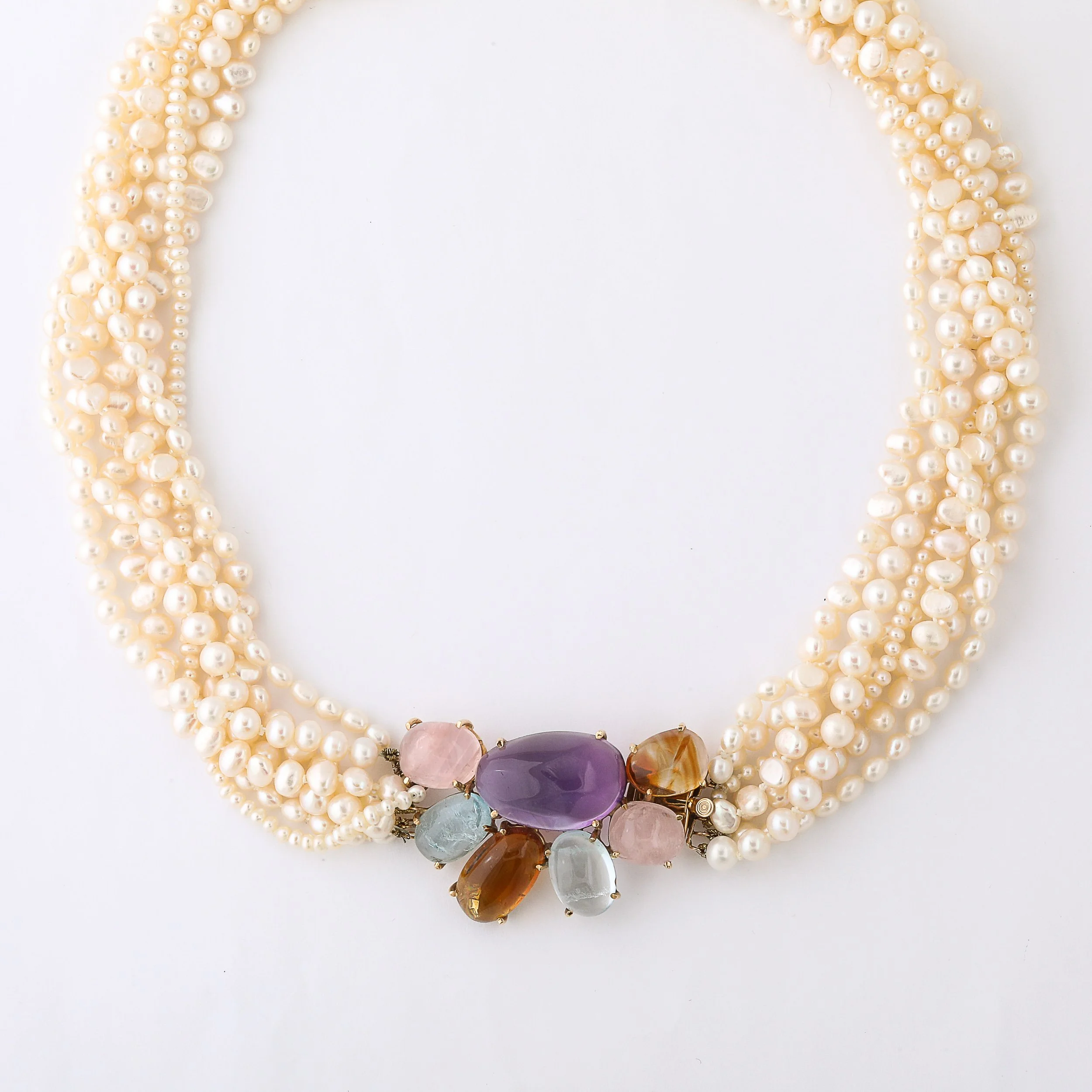 Modernist 14k Gold & Cultured Pearl Necklace w/ Cabochon Gems signed Willis offered by High Style Deco — image 6