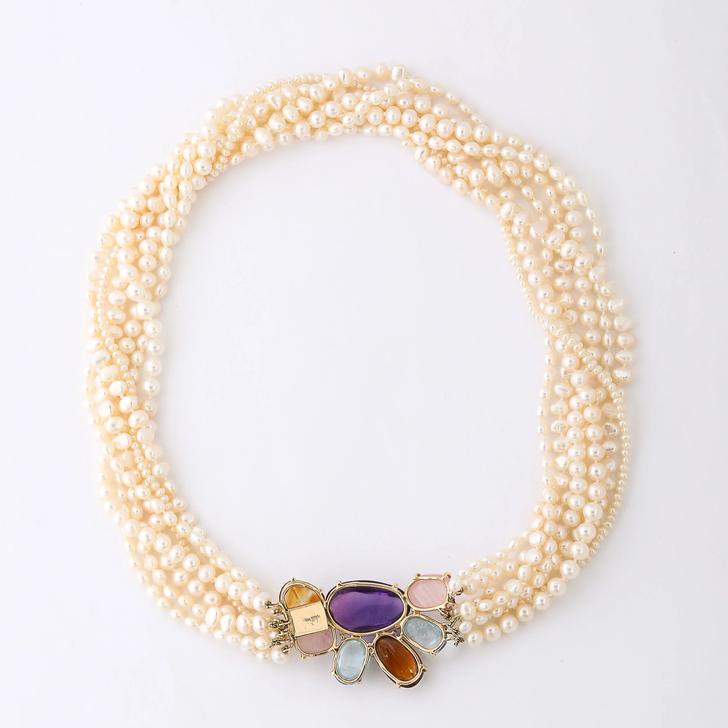 Modernist 14k Gold & Cultured Pearl Necklace w/ Cabochon Gems signed Willis offered by High Style Deco — image 9