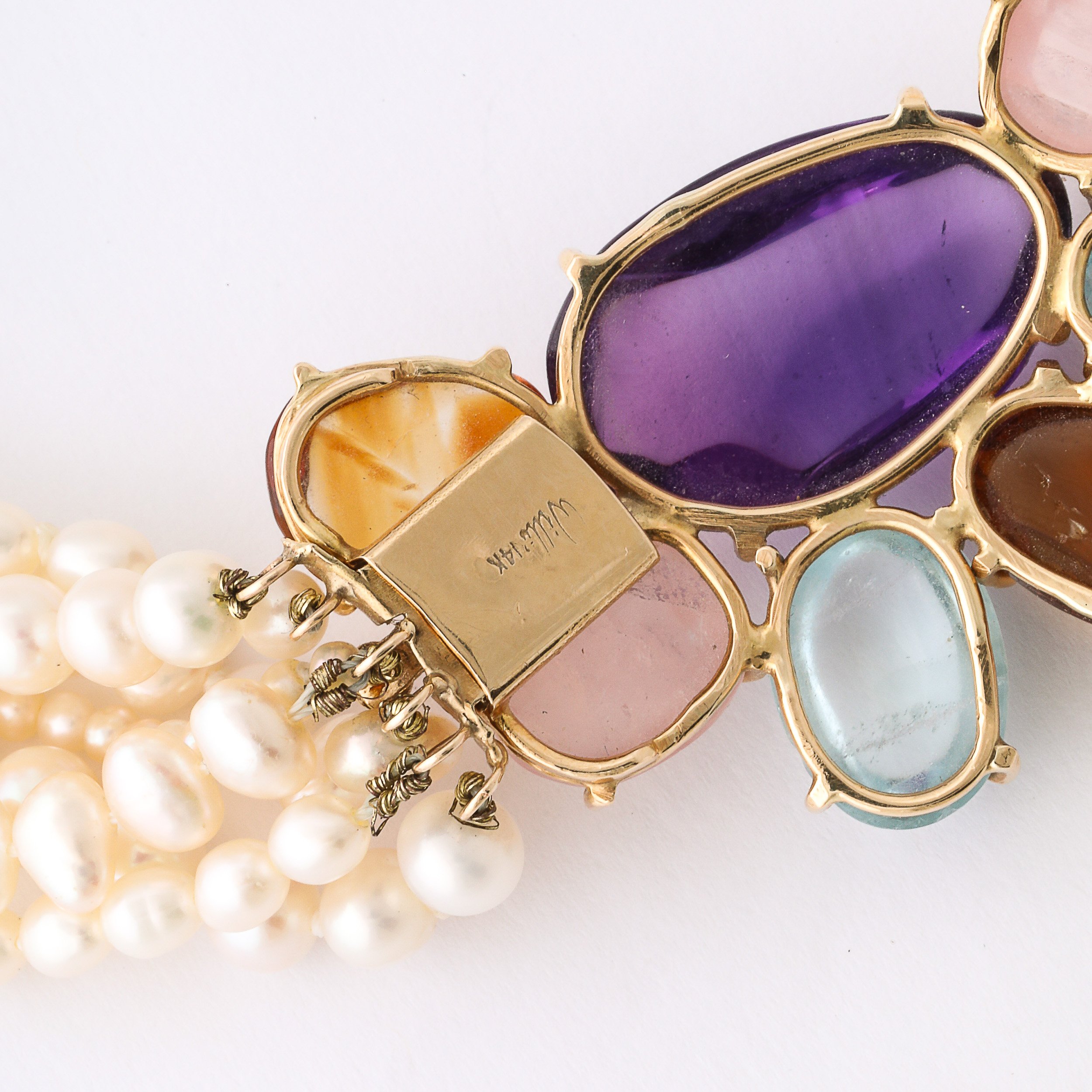 Modernist 14k Gold & Cultured Pearl Necklace w/ Cabochon Gems signed Willis offered by High Style Deco — image 10