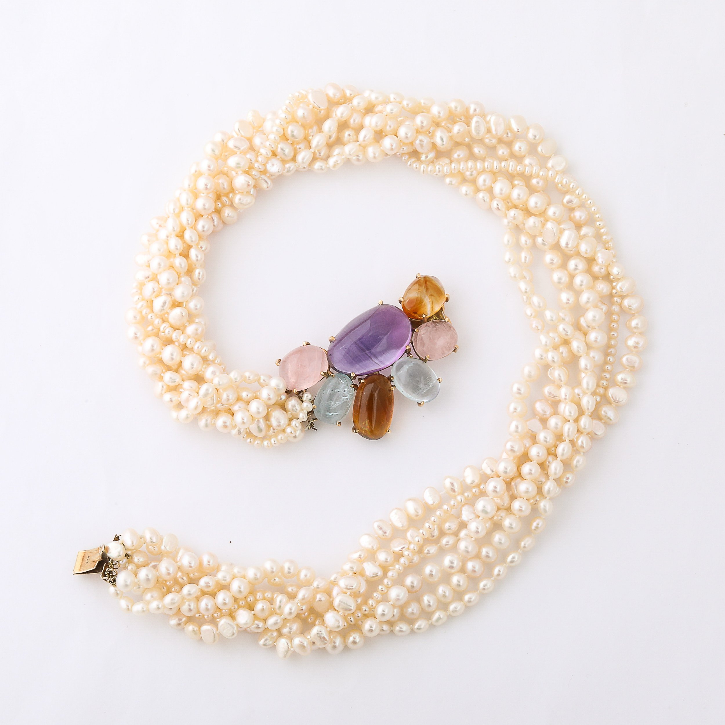 Modernist 14k Gold & Cultured Pearl Necklace w/ Cabochon Gems signed Willis offered by High Style Deco — image 11
