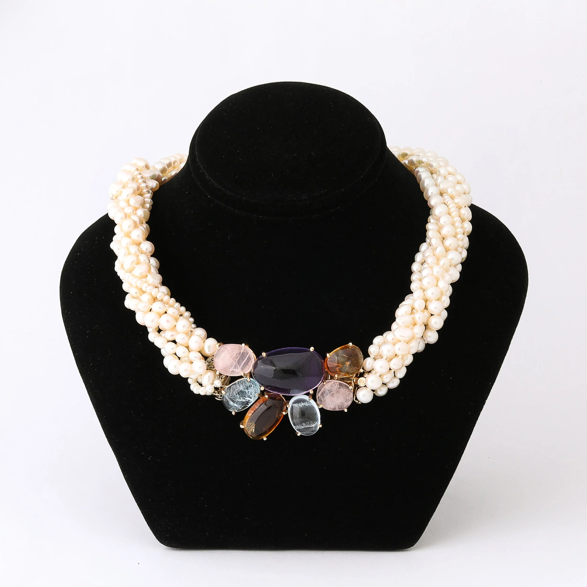 Modernist 14k Gold & Cultured Pearl Necklace w/ Cabochon Gems signed Willis offered by High Style Deco — image 12