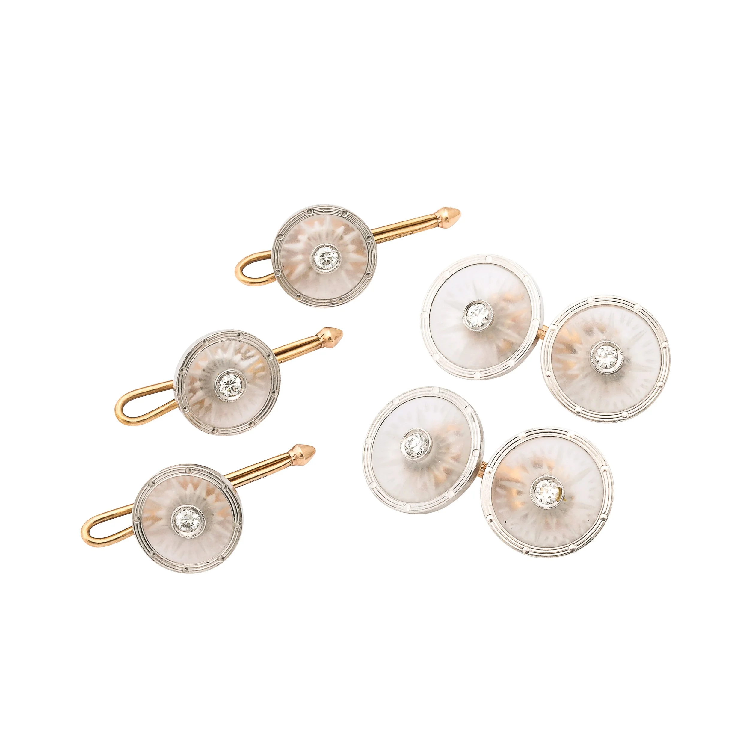 Signed Kremnentz Art Deco 14k Gold, Platinum & Diamond Cufflink & Stud Set offered by High Style Deco — image 1