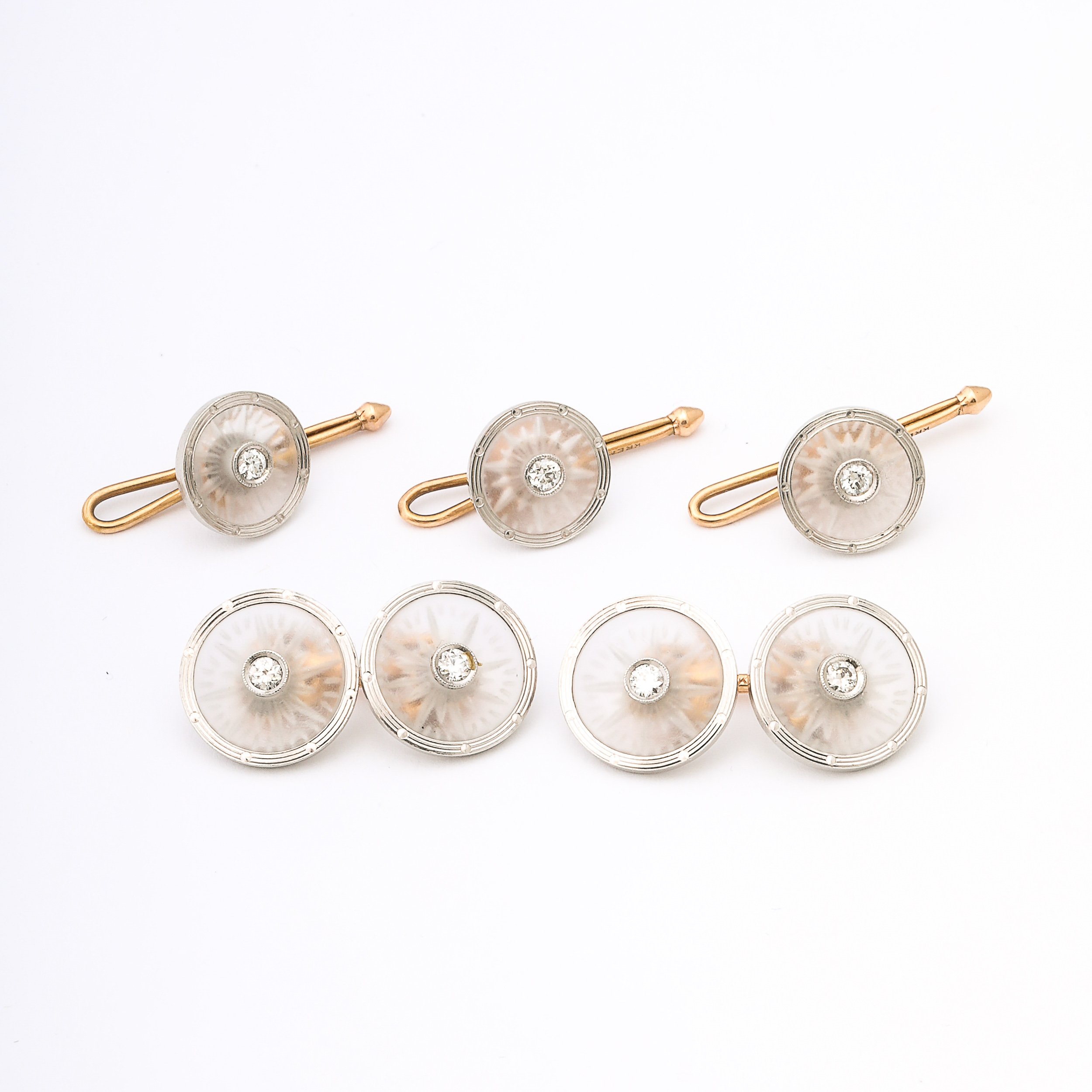 Signed Kremnentz Art Deco 14k Gold, Platinum & Diamond Cufflink & Stud Set offered by High Style Deco — image 2