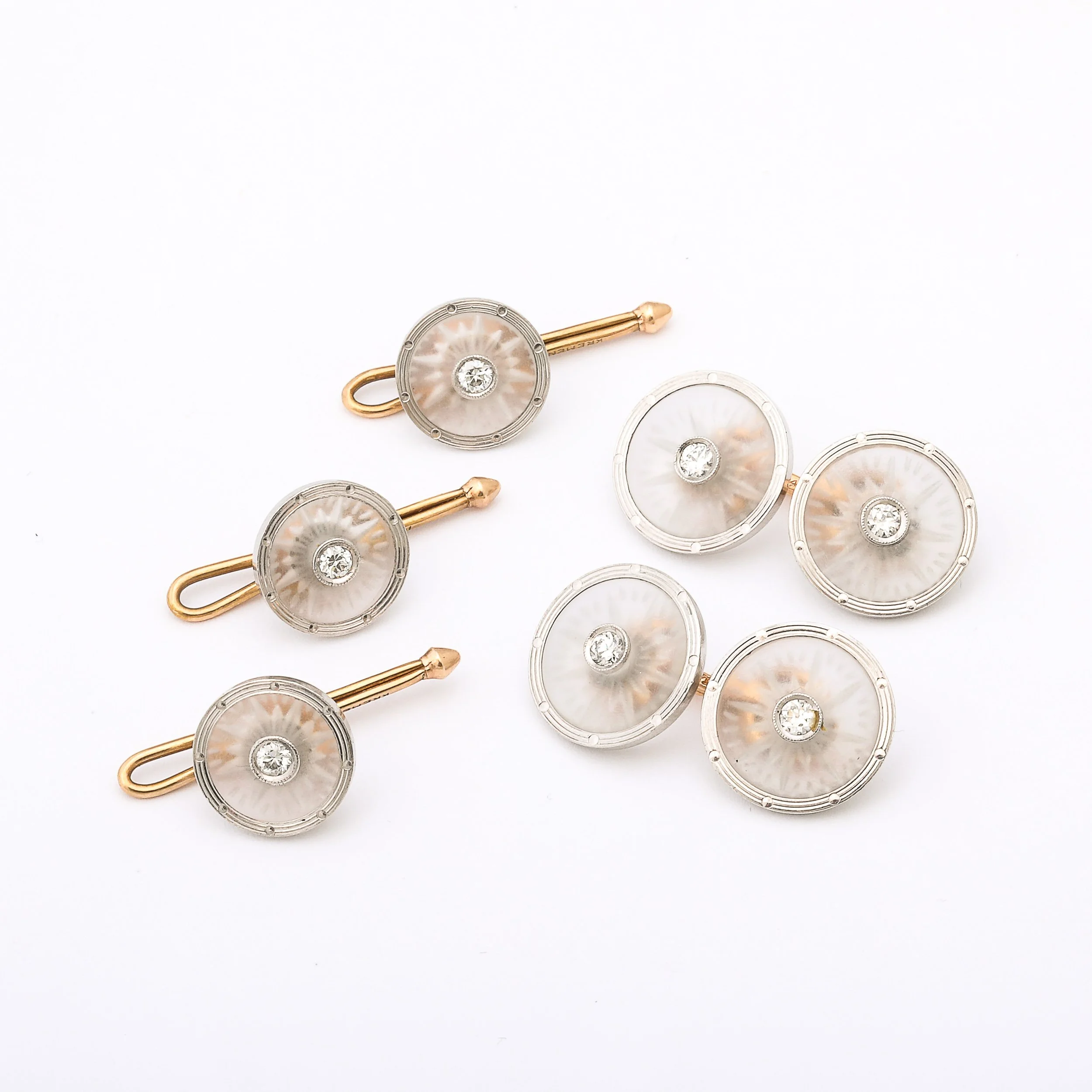 Signed Kremnentz Art Deco 14k Gold, Platinum & Diamond Cufflink & Stud Set offered by High Style Deco — image 3