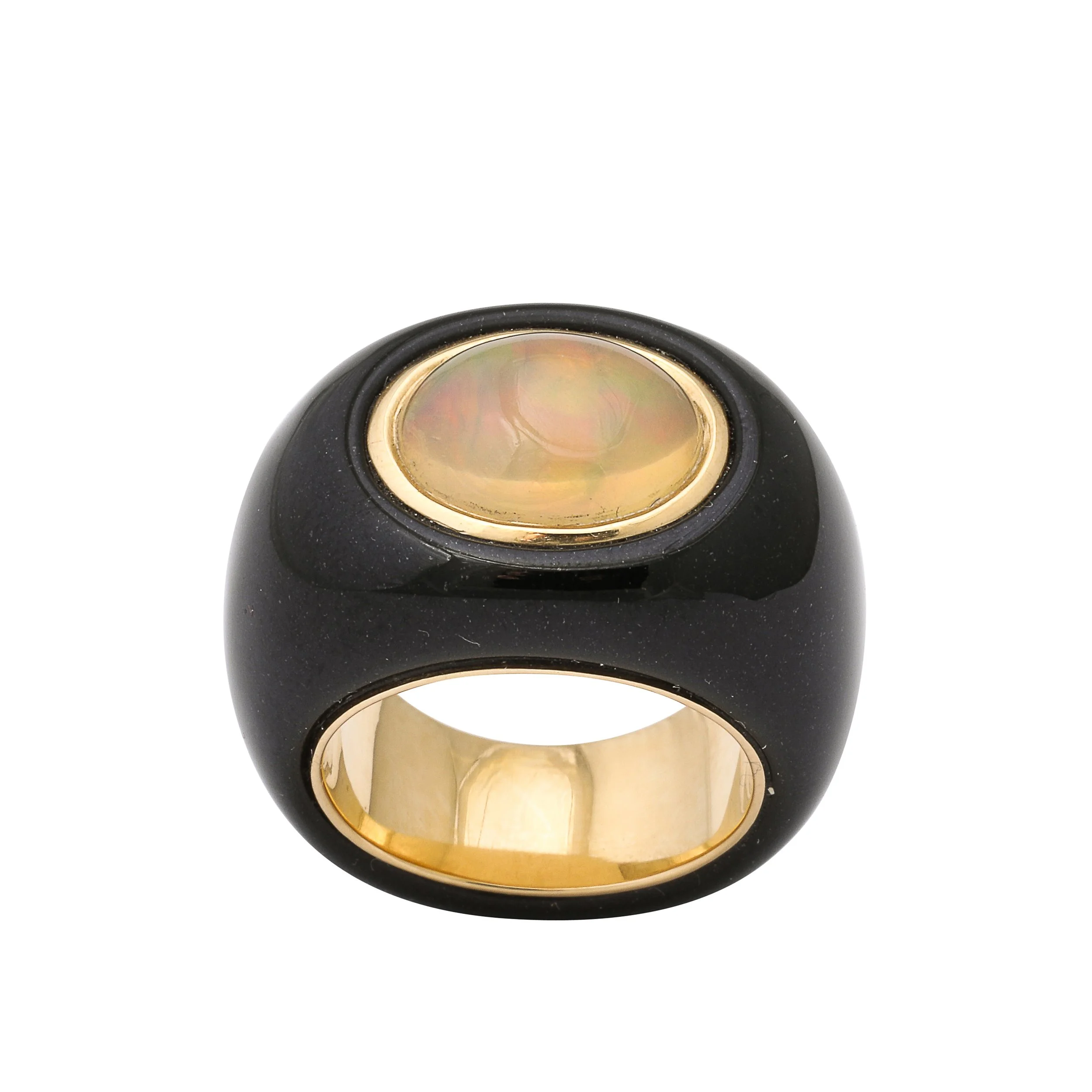 Modernist Cabochon Opal & 14k Yellow Gold Black Enameled Dome Ring offered by High Style Deco — image 1