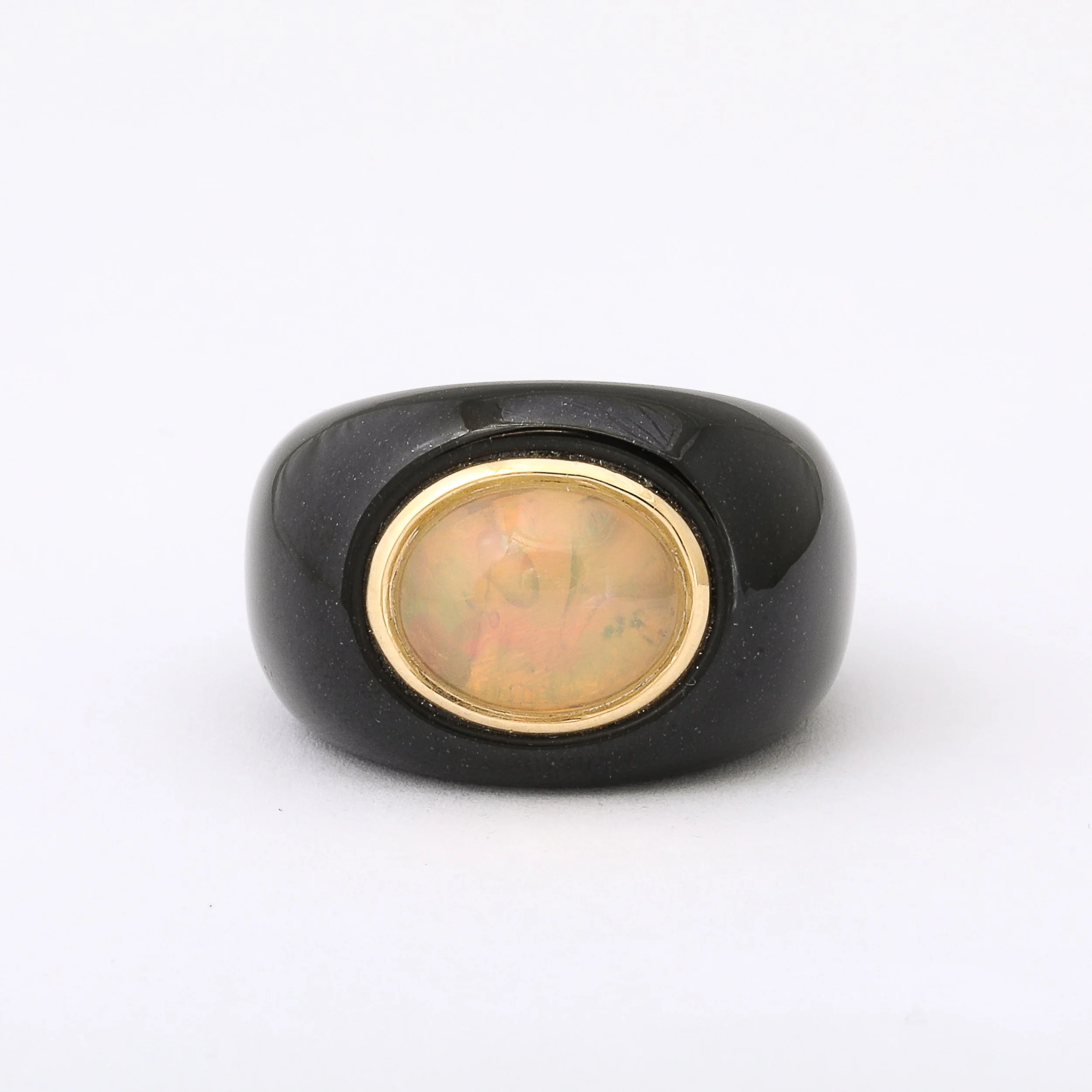 Modernist Cabochon Opal & 14k Yellow Gold Black Enameled Dome Ring offered by High Style Deco — image 2