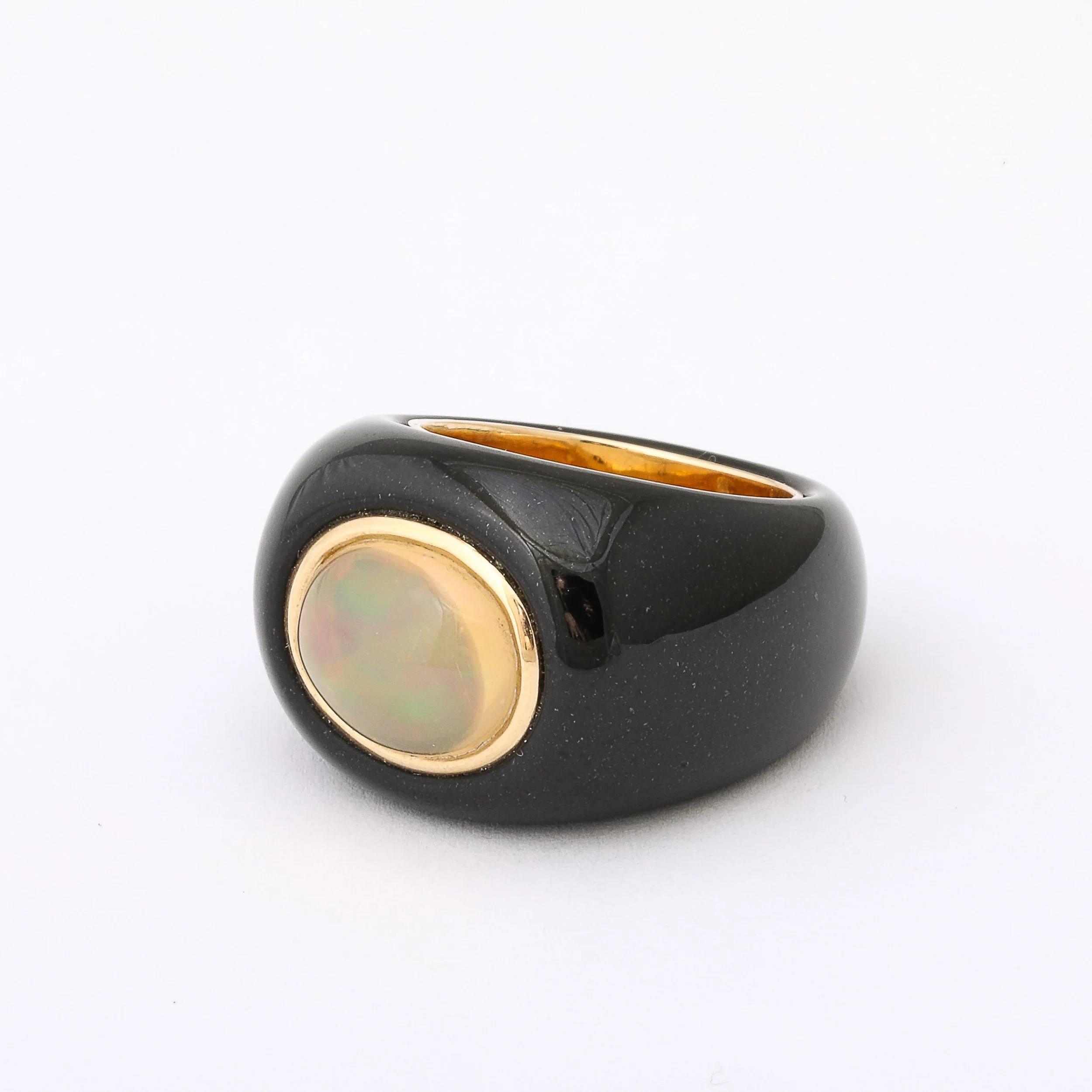Modernist Cabochon Opal & 14k Yellow Gold Black Enameled Dome Ring offered by High Style Deco — image 3