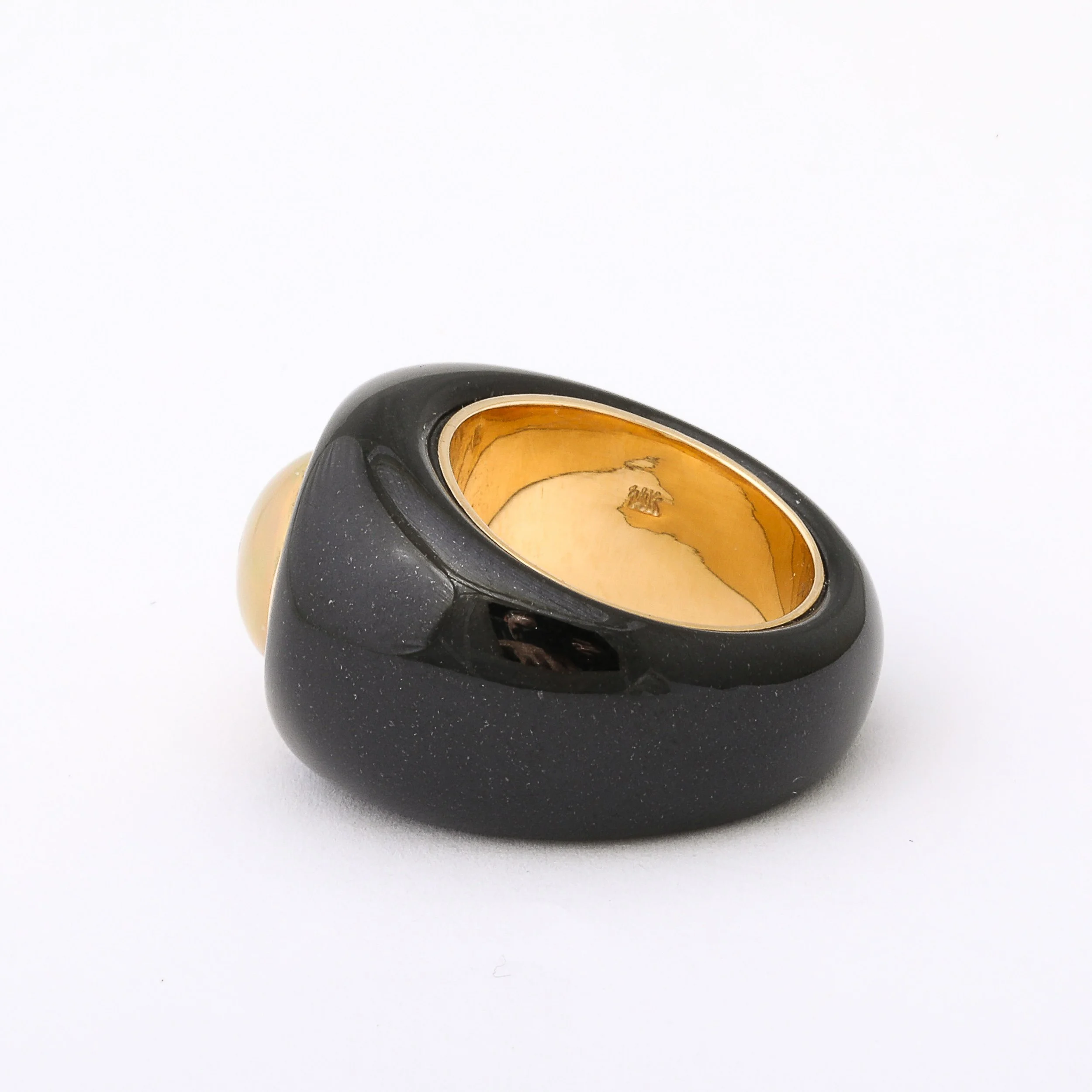 Modernist Cabochon Opal & 14k Yellow Gold Black Enameled Dome Ring offered by High Style Deco — image 4