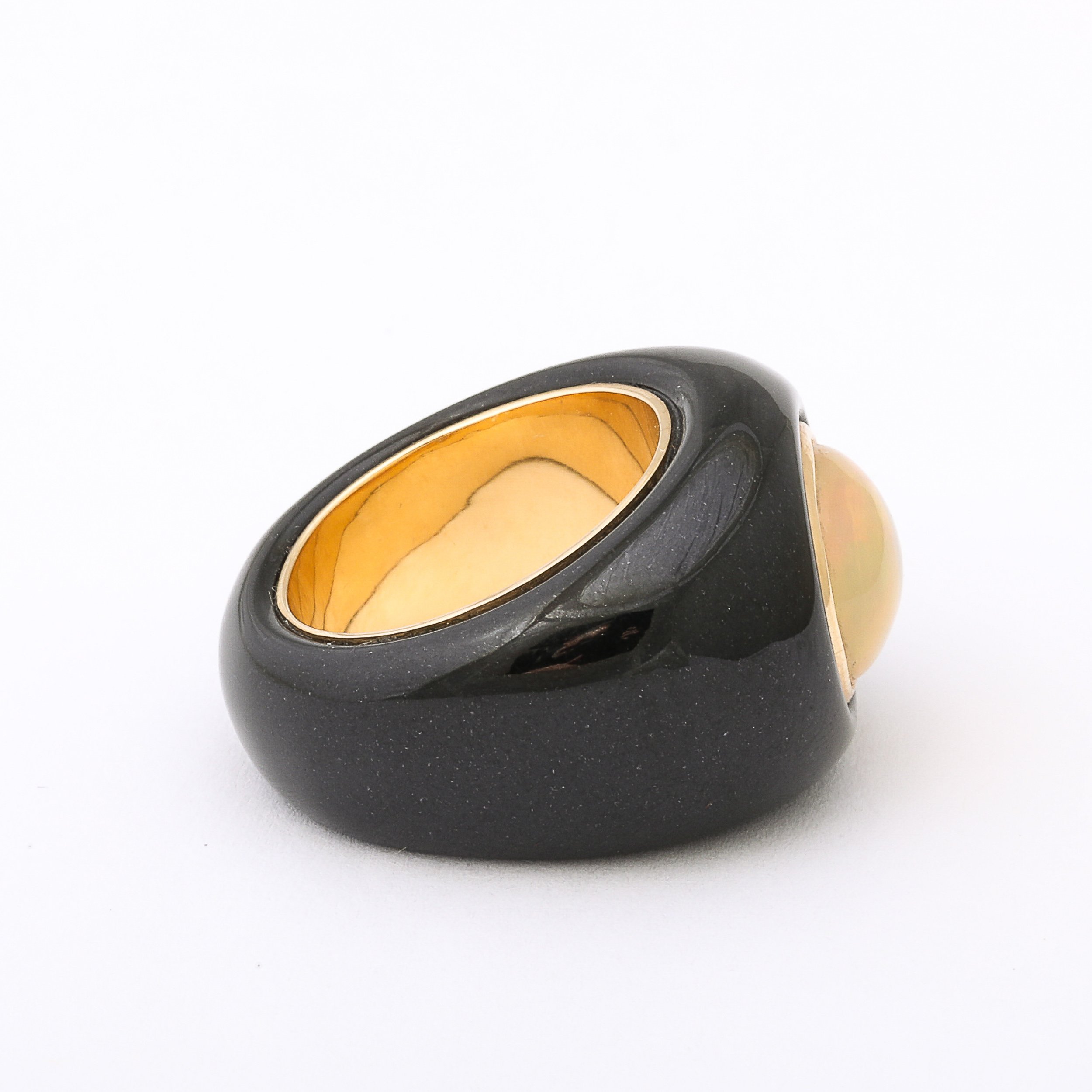 Modernist Cabochon Opal & 14k Yellow Gold Black Enameled Dome Ring offered by High Style Deco — image 7