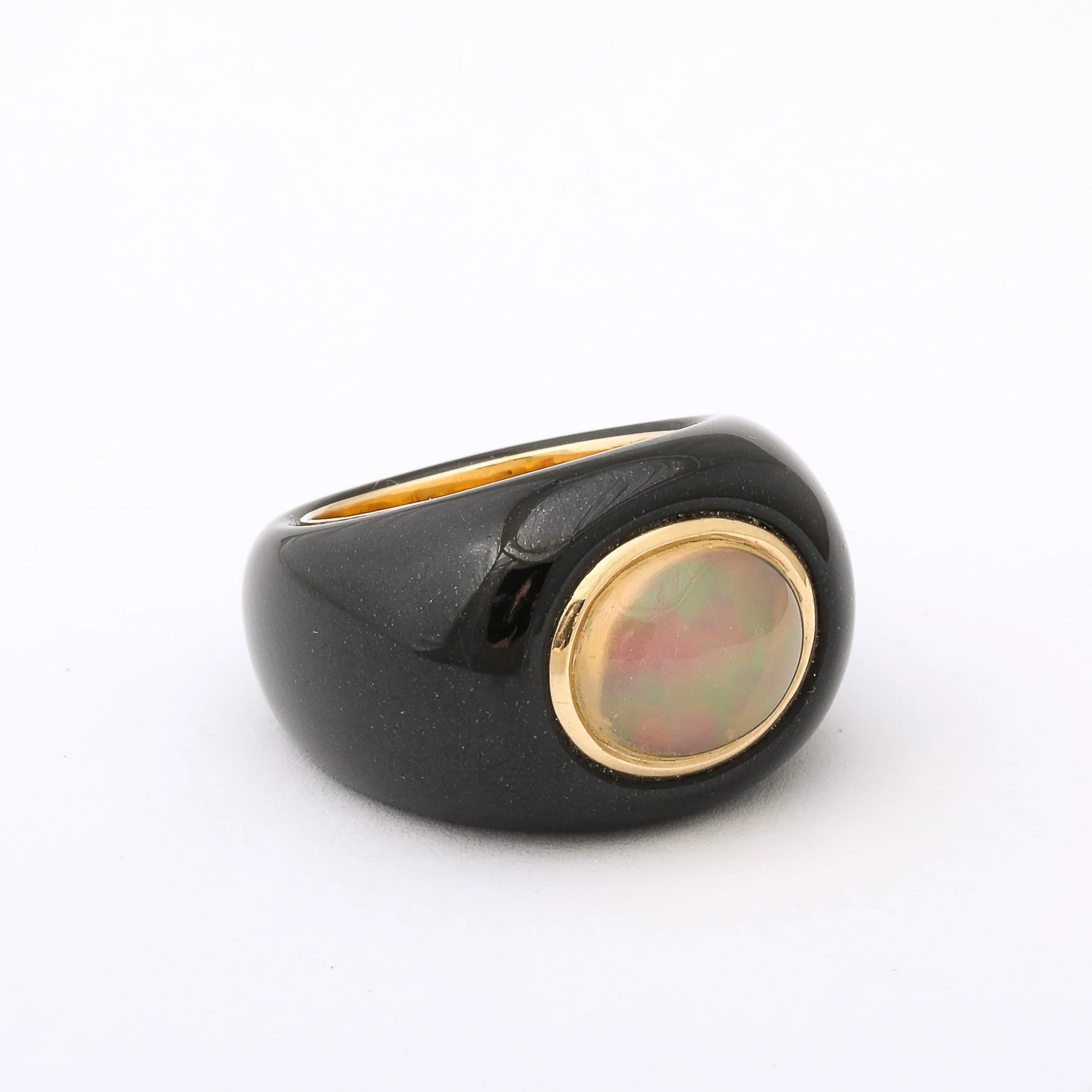 Modernist Cabochon Opal & 14k Yellow Gold Black Enameled Dome Ring offered by High Style Deco — image 8