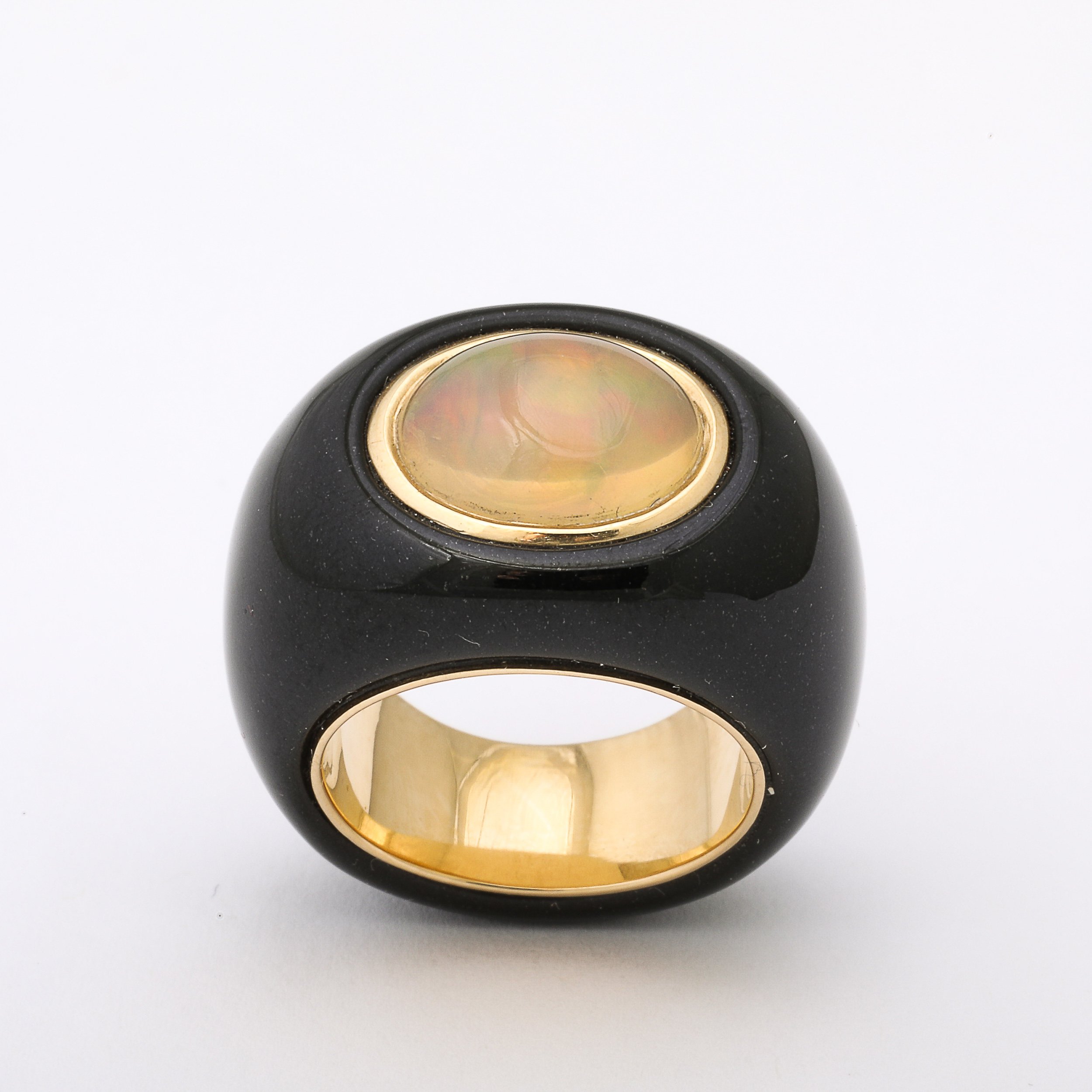 Modernist Cabochon Opal & 14k Yellow Gold Black Enameled Dome Ring offered by High Style Deco — image 9