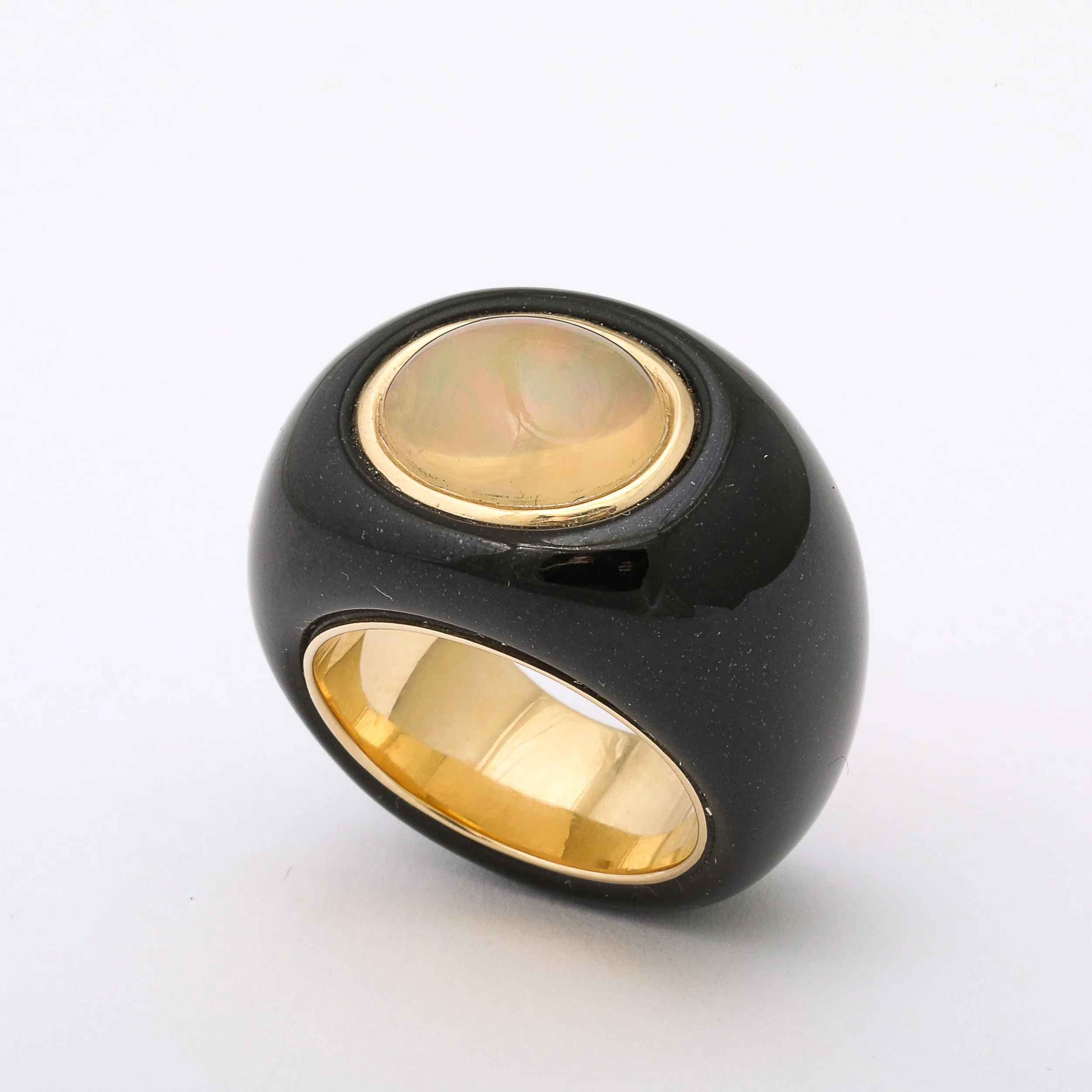 Modernist Cabochon Opal & 14k Yellow Gold Black Enameled Dome Ring offered by High Style Deco — image 10