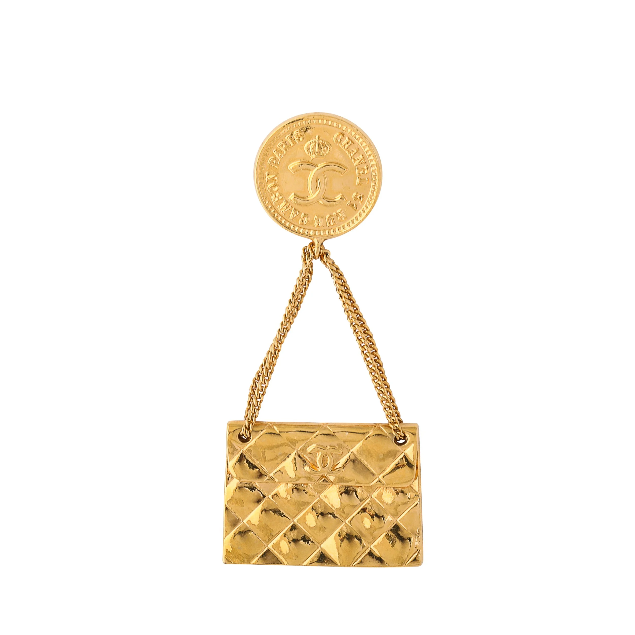 Vintage Chanel Gold-Plated Rue Cambon Quilted Bag Brooch offered by High Style Deco — image 1