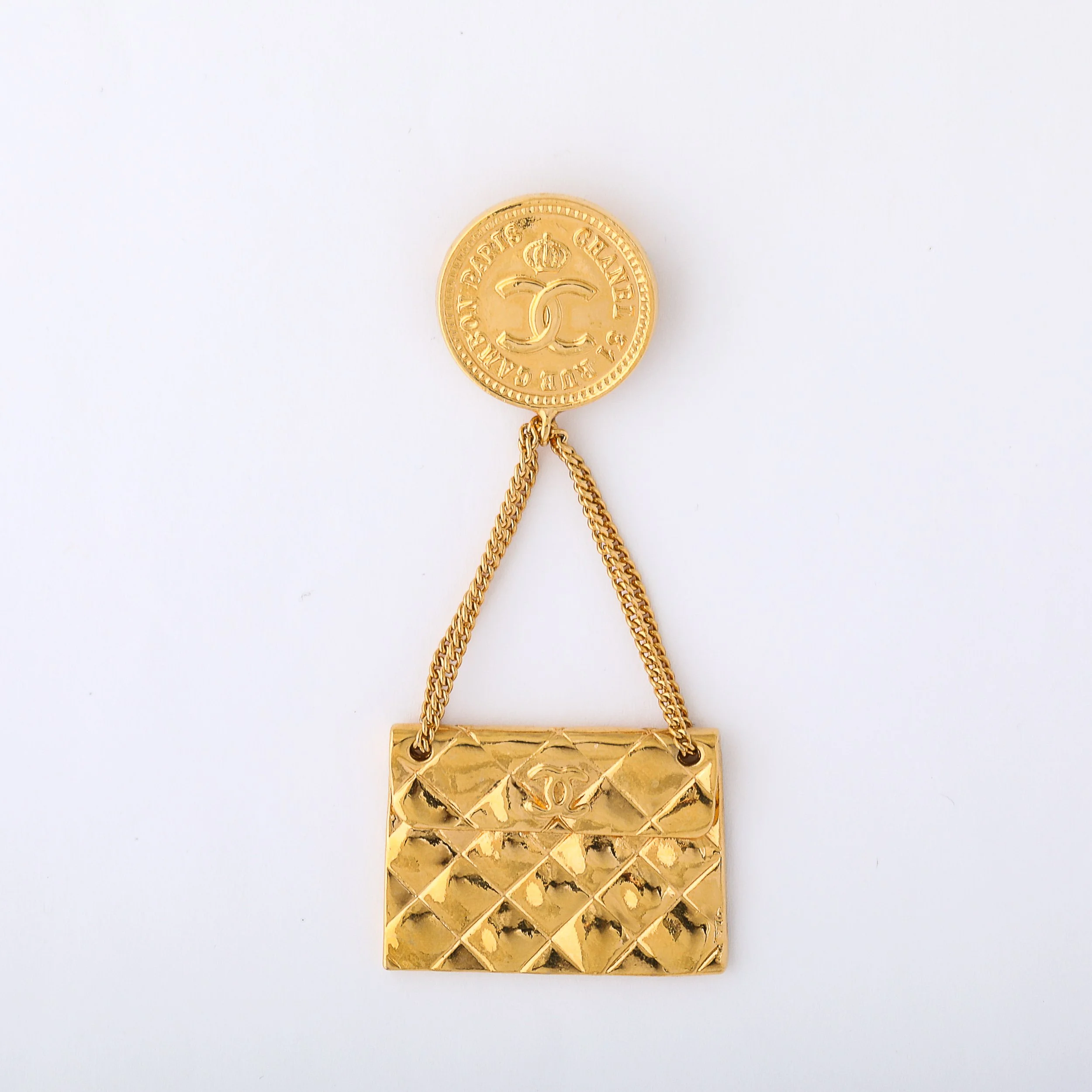 Vintage Chanel Gold-Plated Rue Cambon Quilted Bag Brooch offered by High Style Deco — image 3