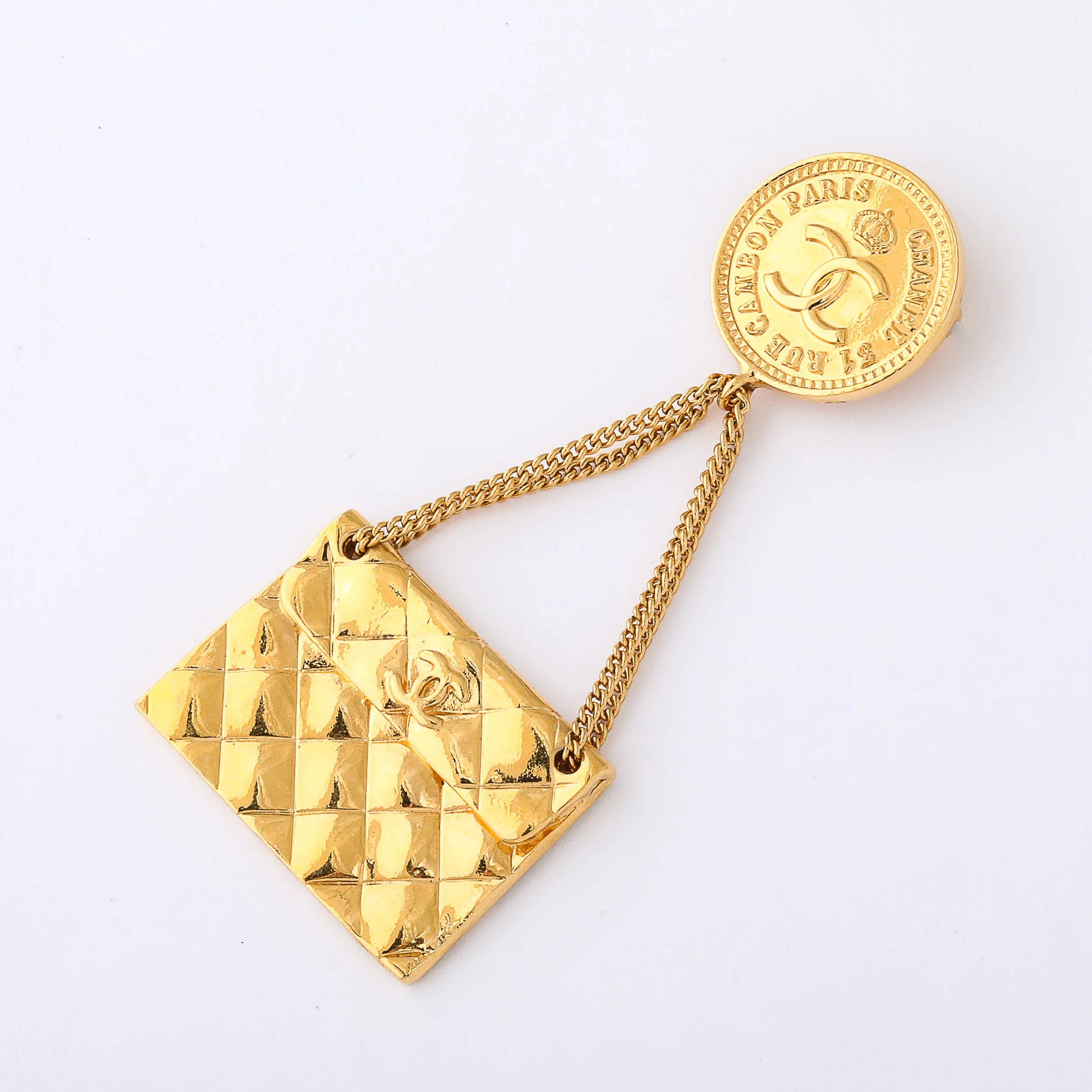 Vintage Chanel Gold-Plated Rue Cambon Quilted Bag Brooch offered by High Style Deco — image 5