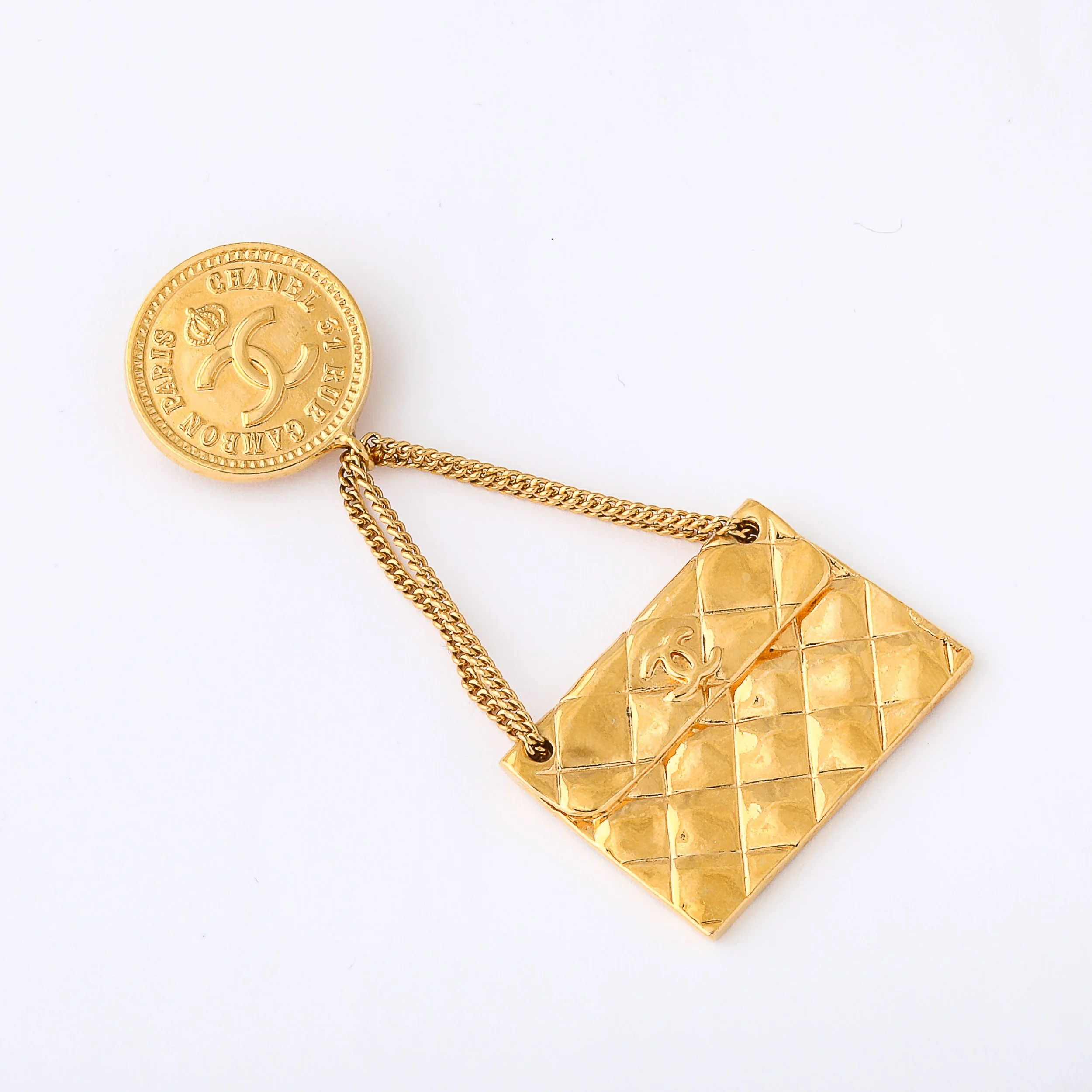 Vintage Chanel Gold-Plated Rue Cambon Quilted Bag Brooch offered by High Style Deco — image 6