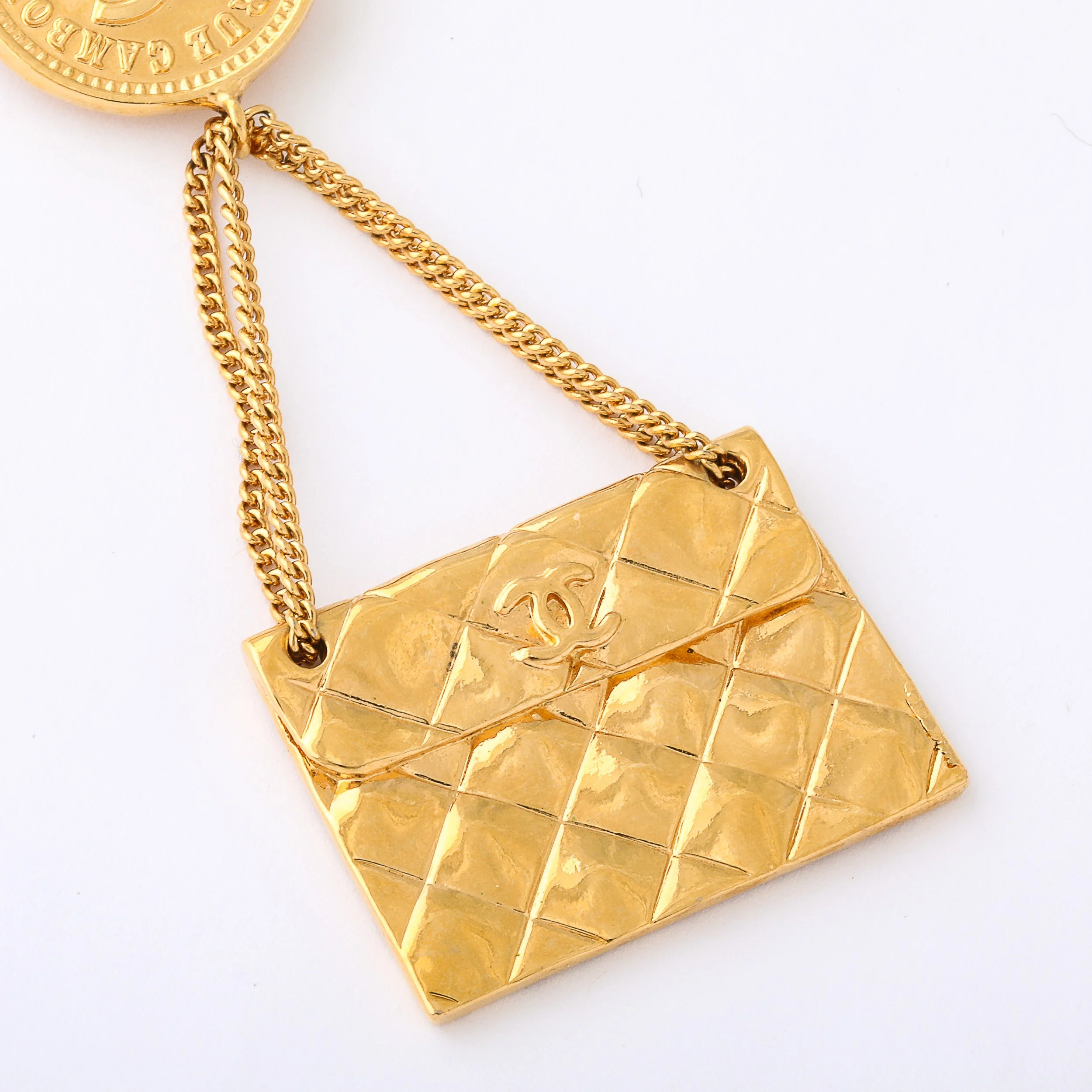 Vintage Chanel Gold-Plated Rue Cambon Quilted Bag Brooch offered by High Style Deco — image 7