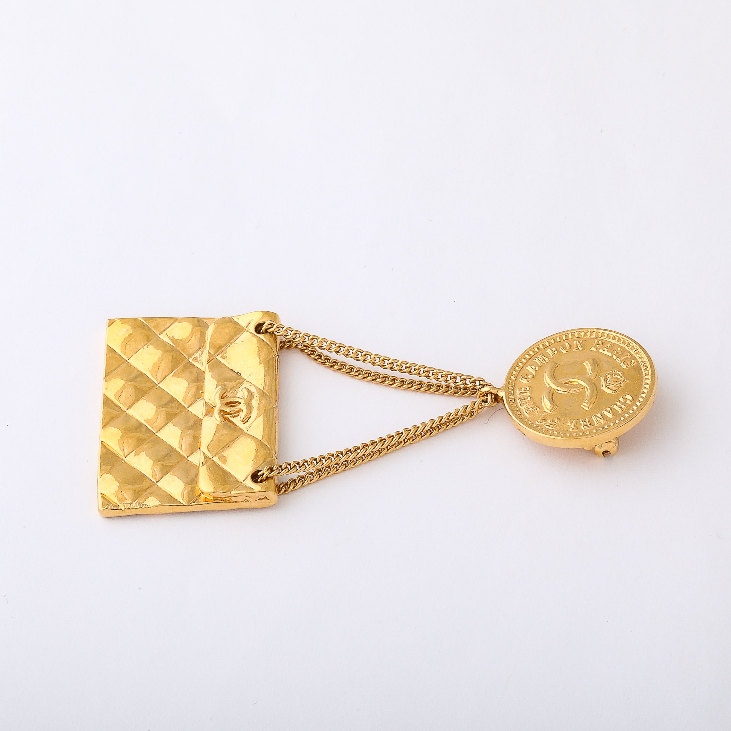 Vintage Chanel Gold-Plated Rue Cambon Quilted Bag Brooch offered by High Style Deco — image 11