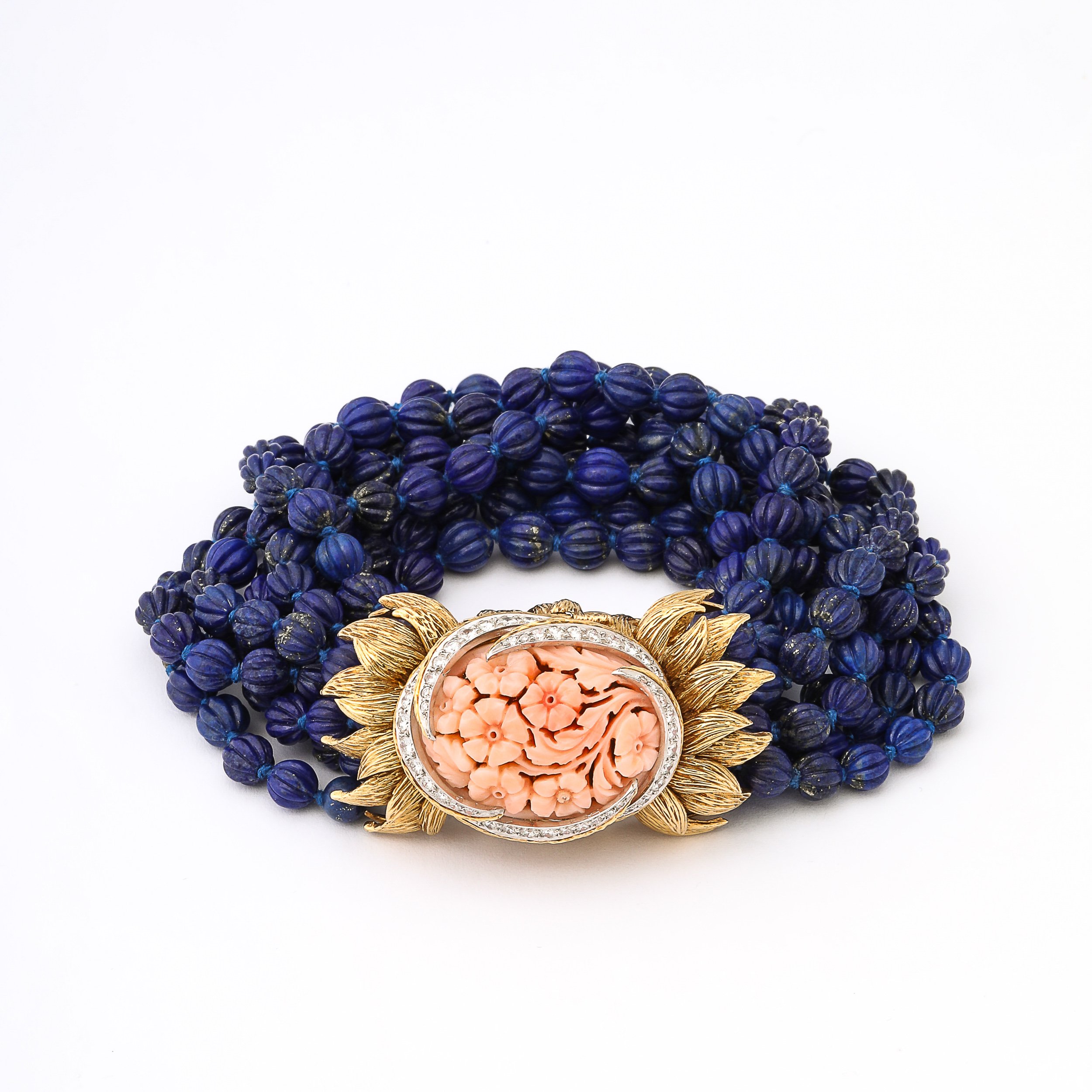 Signed David Webb Lapis Lazuli Torsade w/ 18k Gold & Carved Coral Floral Motif offered by High Style Deco — image 1