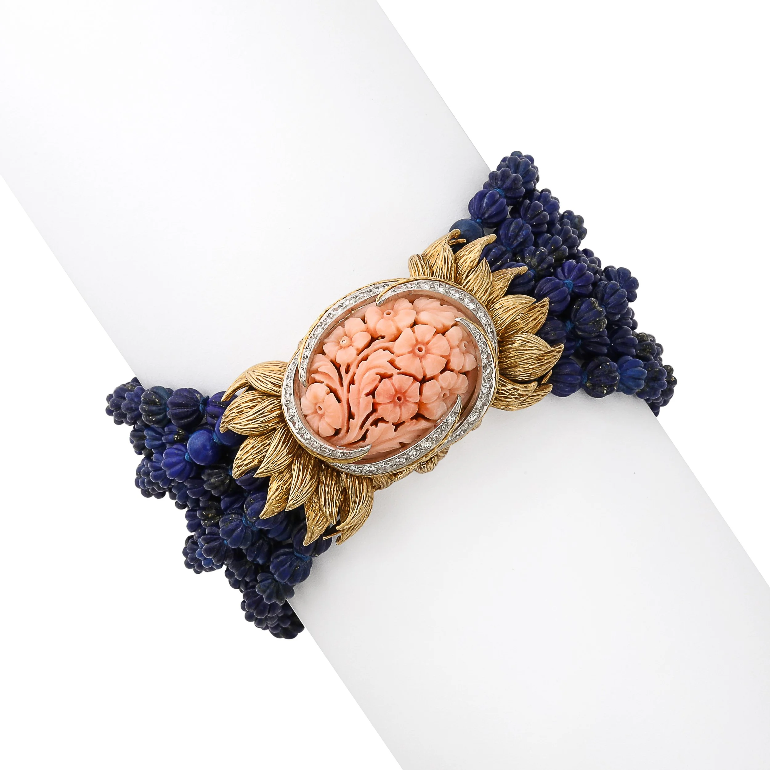 Signed David Webb Lapis Lazuli Torsade w/ 18k Gold & Carved Coral Floral Motif offered by High Style Deco — image 2
