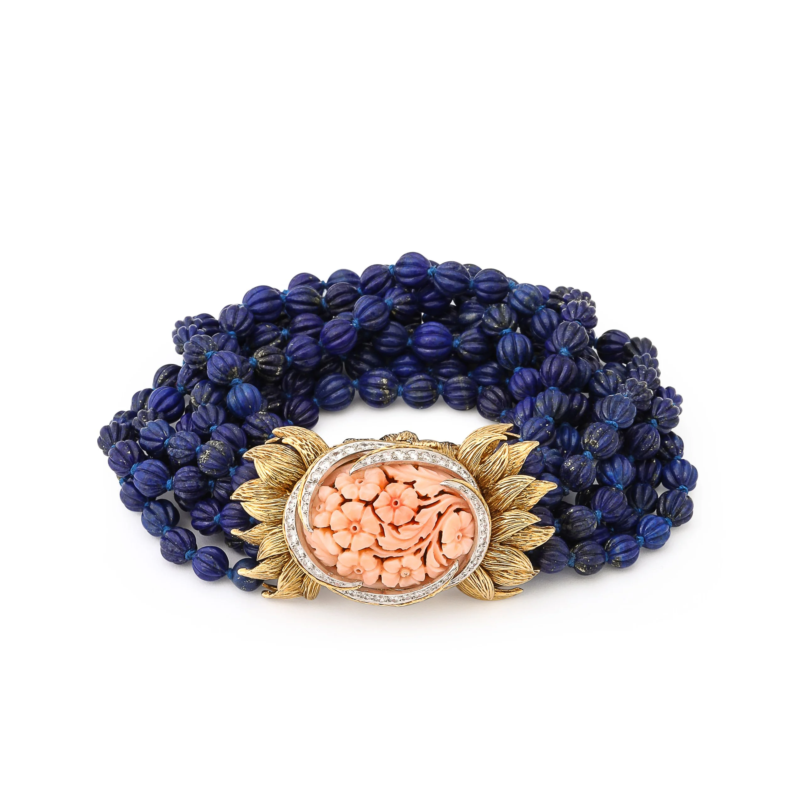 Signed David Webb Lapis Lazuli Torsade w/ 18k Gold & Carved Coral Floral Motif offered by High Style Deco — image 3