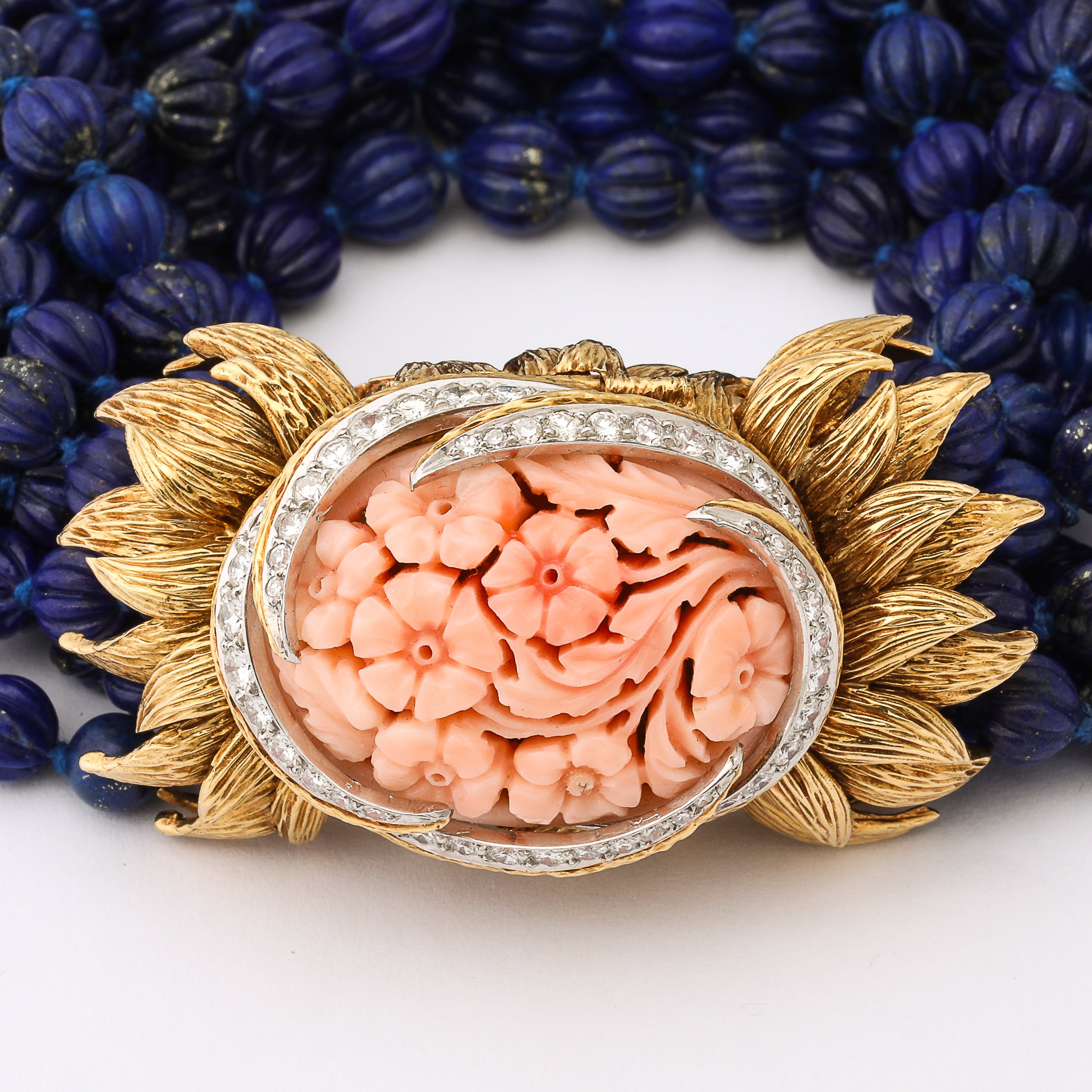 Signed David Webb Lapis Lazuli Torsade w/ 18k Gold & Carved Coral Floral Motif offered by High Style Deco — image 4