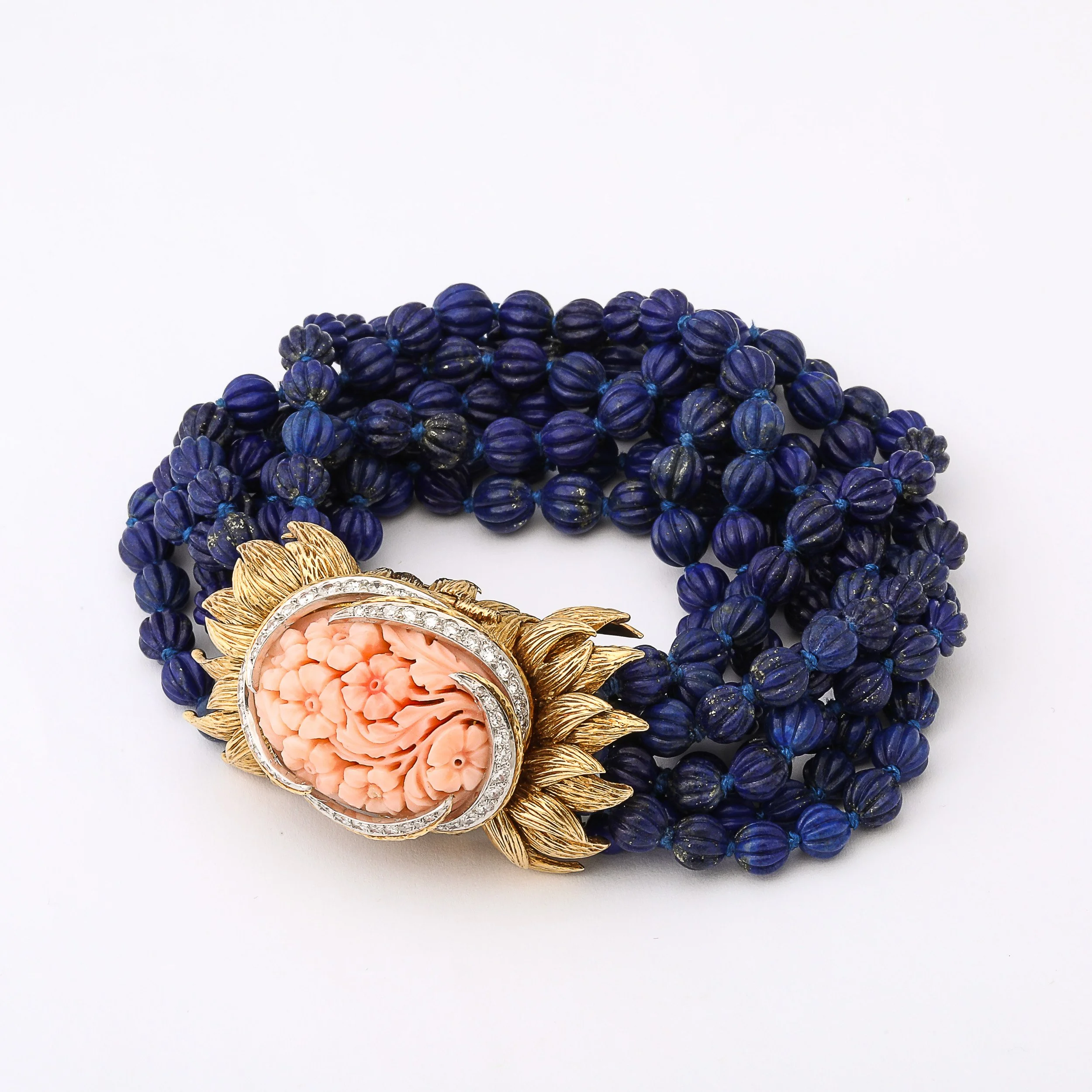 Signed David Webb Lapis Lazuli Torsade w/ 18k Gold & Carved Coral Floral Motif offered by High Style Deco — image 5