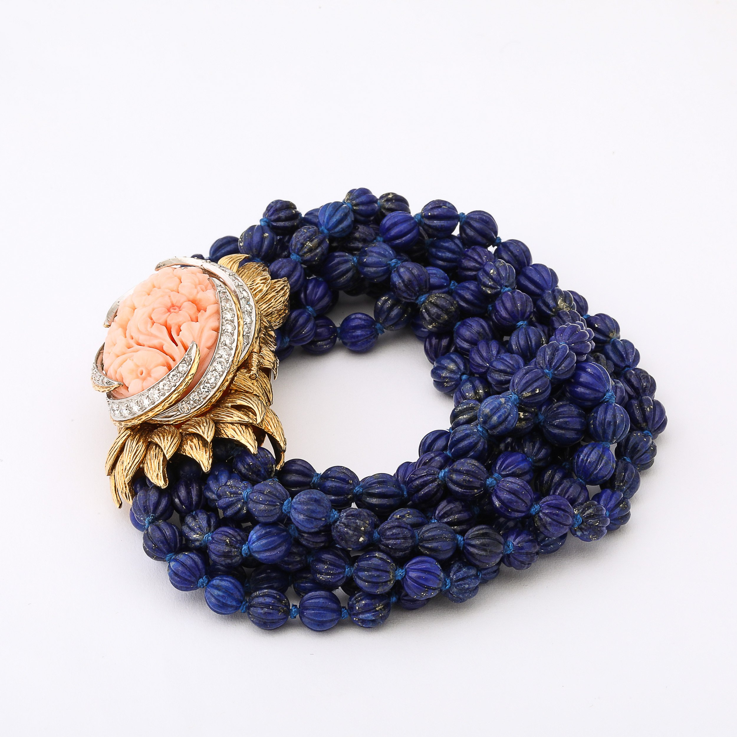 Signed David Webb Lapis Lazuli Torsade w/ 18k Gold & Carved Coral Floral Motif offered by High Style Deco — image 6