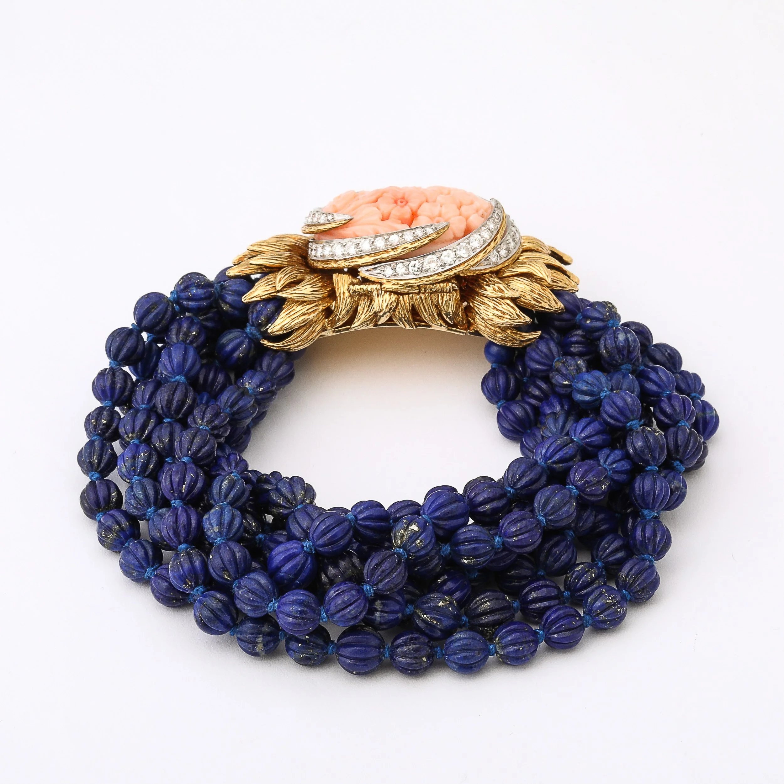 Signed David Webb Lapis Lazuli Torsade w/ 18k Gold & Carved Coral Floral Motif offered by High Style Deco — image 7