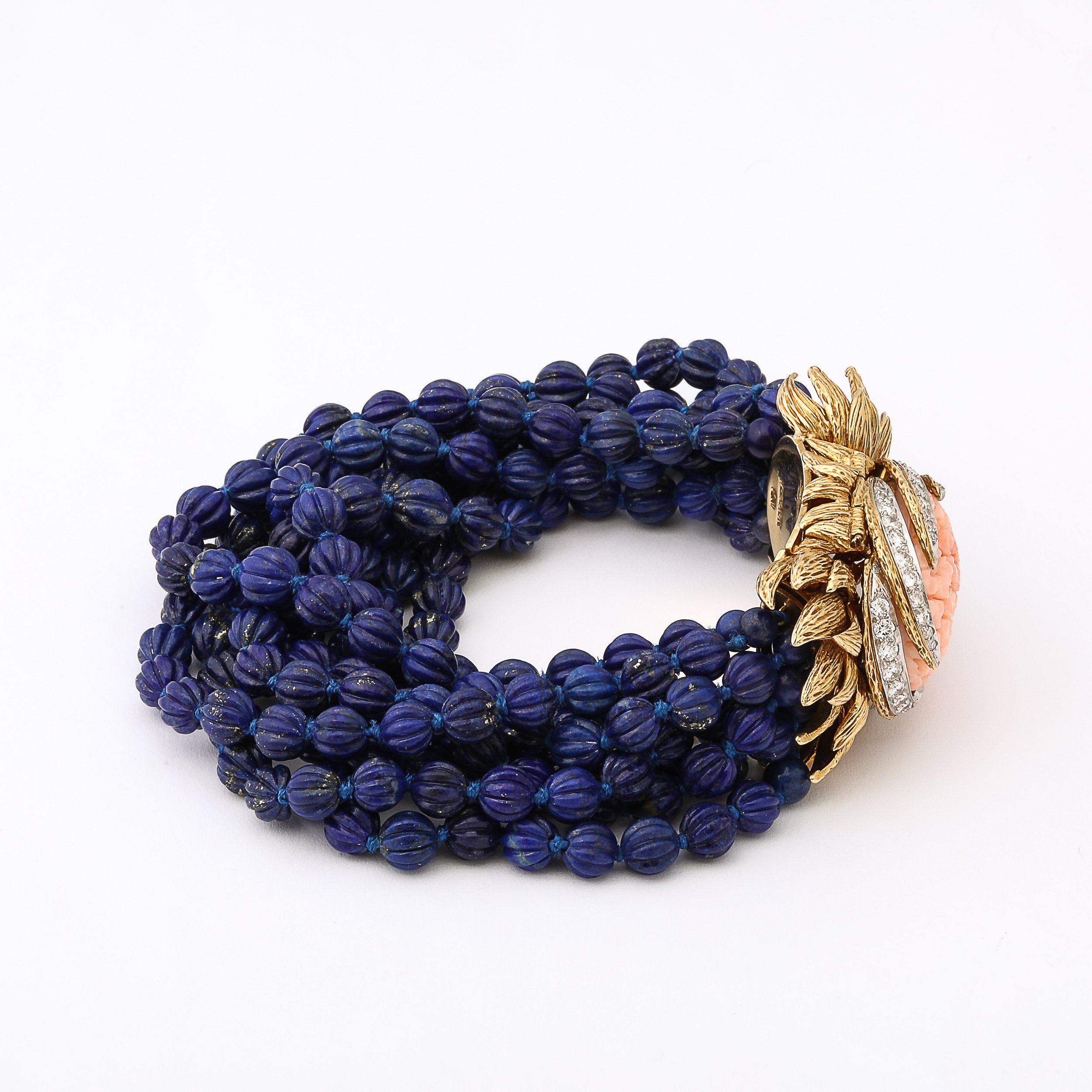 Signed David Webb Lapis Lazuli Torsade w/ 18k Gold & Carved Coral Floral Motif offered by High Style Deco — image 8