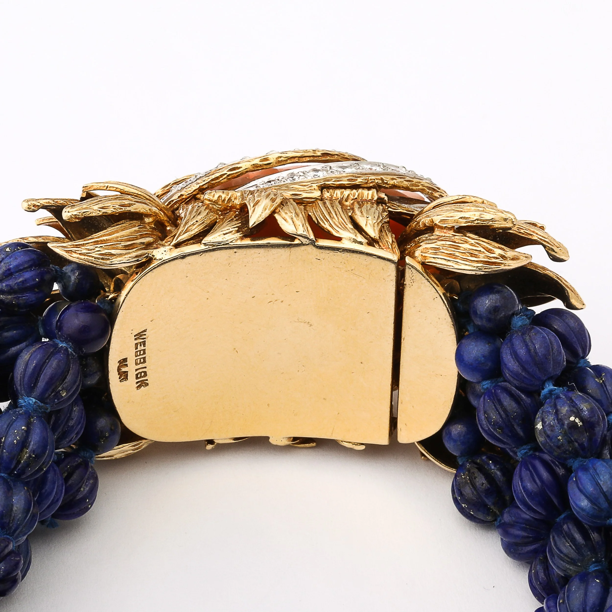 Signed David Webb Lapis Lazuli Torsade w/ 18k Gold & Carved Coral Floral Motif offered by High Style Deco — image 9