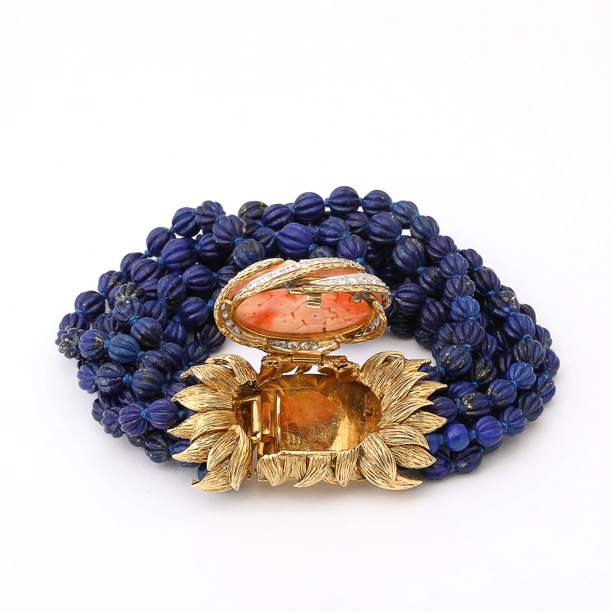 Signed David Webb Lapis Lazuli Torsade w/ 18k Gold & Carved Coral Floral Motif offered by High Style Deco — image 11