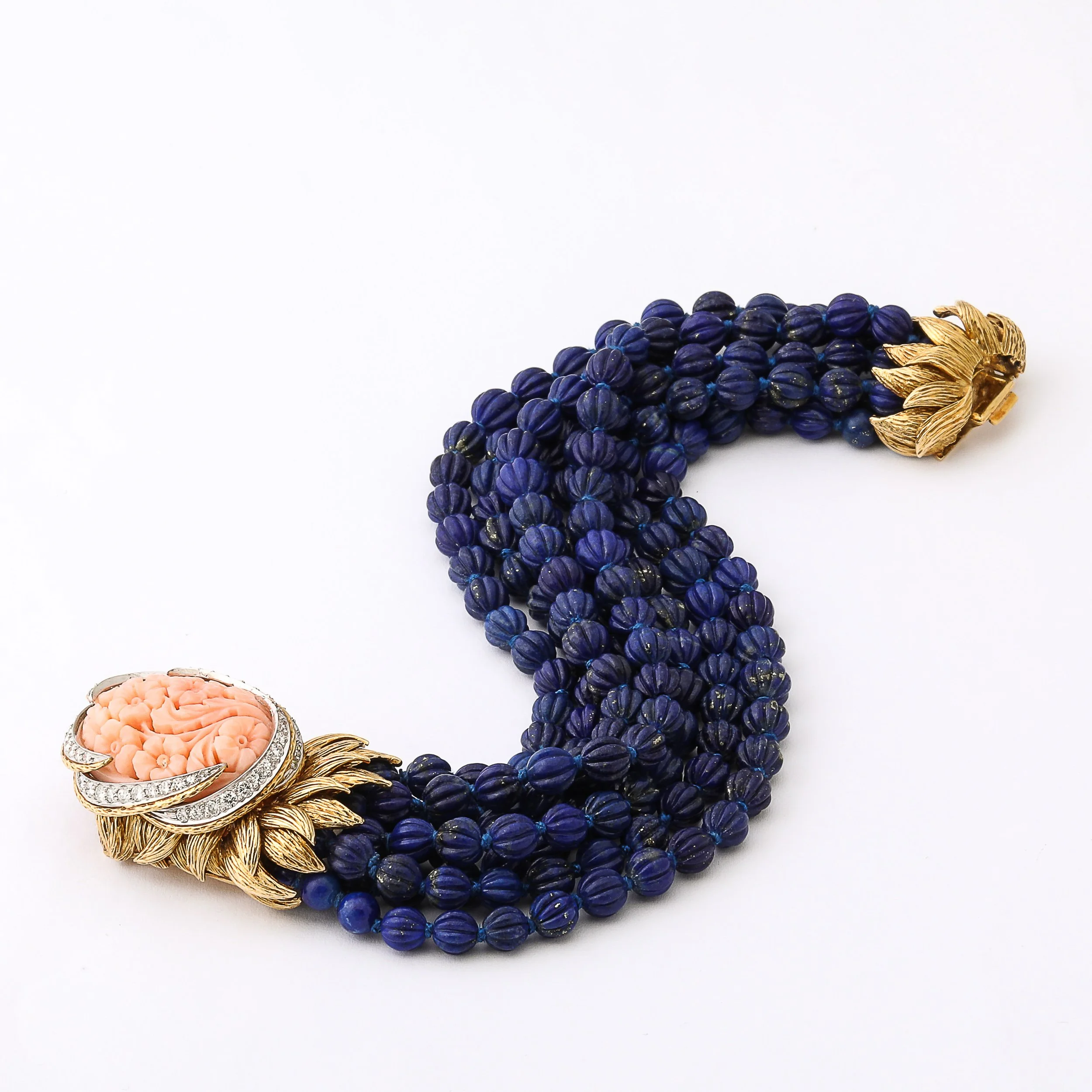 Signed David Webb Lapis Lazuli Torsade w/ 18k Gold & Carved Coral Floral Motif offered by High Style Deco — image 12