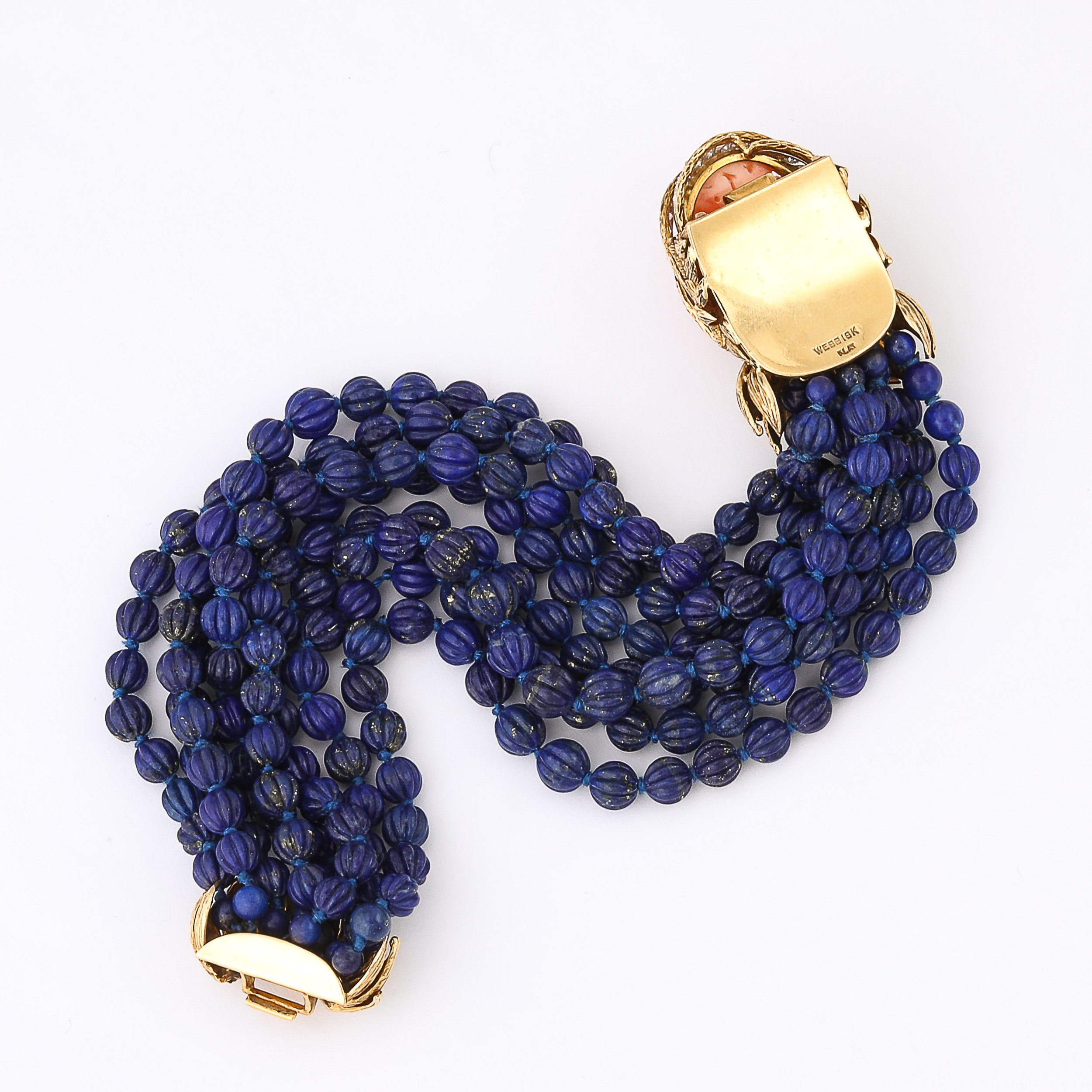 Signed David Webb Lapis Lazuli Torsade w/ 18k Gold & Carved Coral Floral Motif offered by High Style Deco — image 14