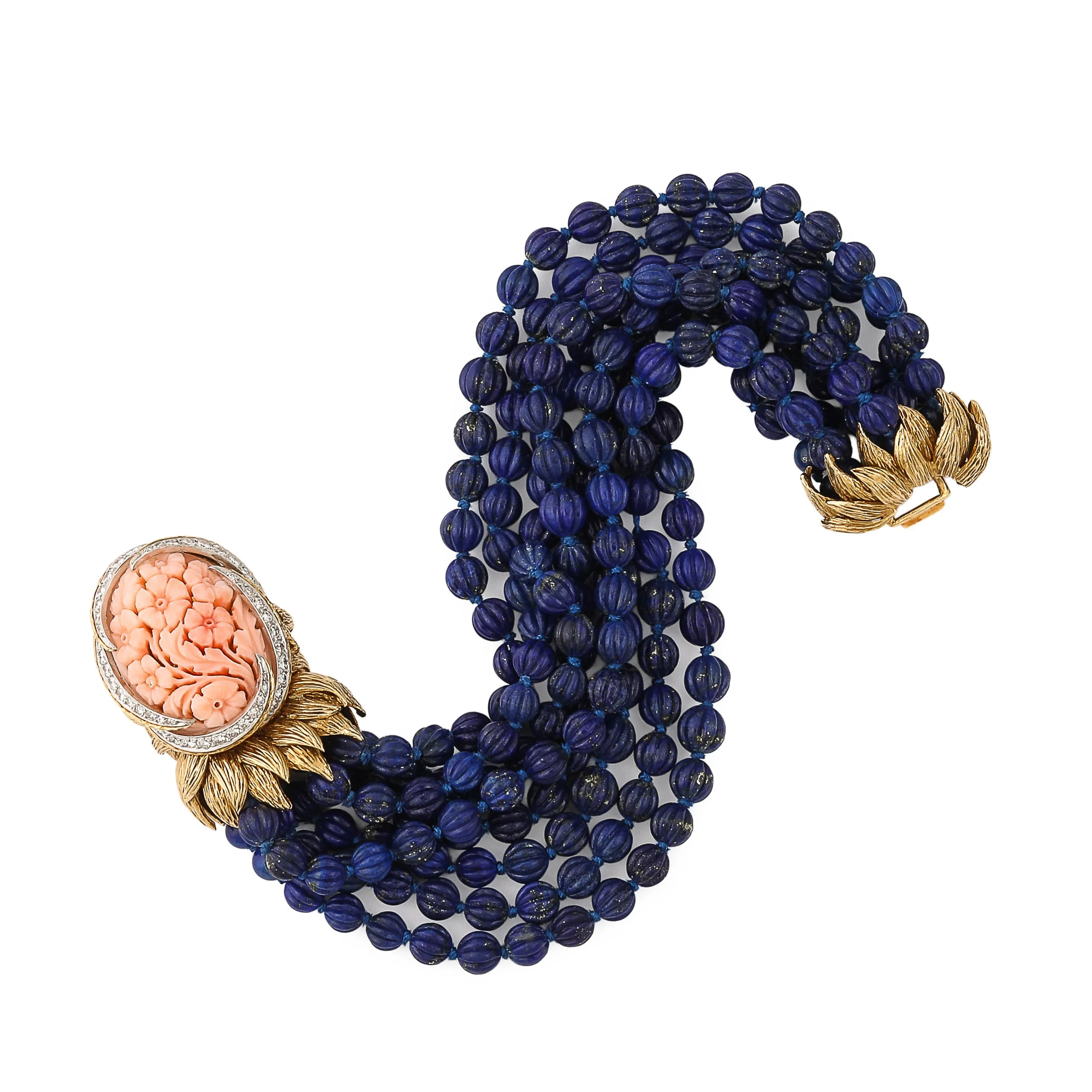 Signed David Webb Lapis Lazuli Torsade w/ 18k Gold & Carved Coral Floral Motif offered by High Style Deco — image 15