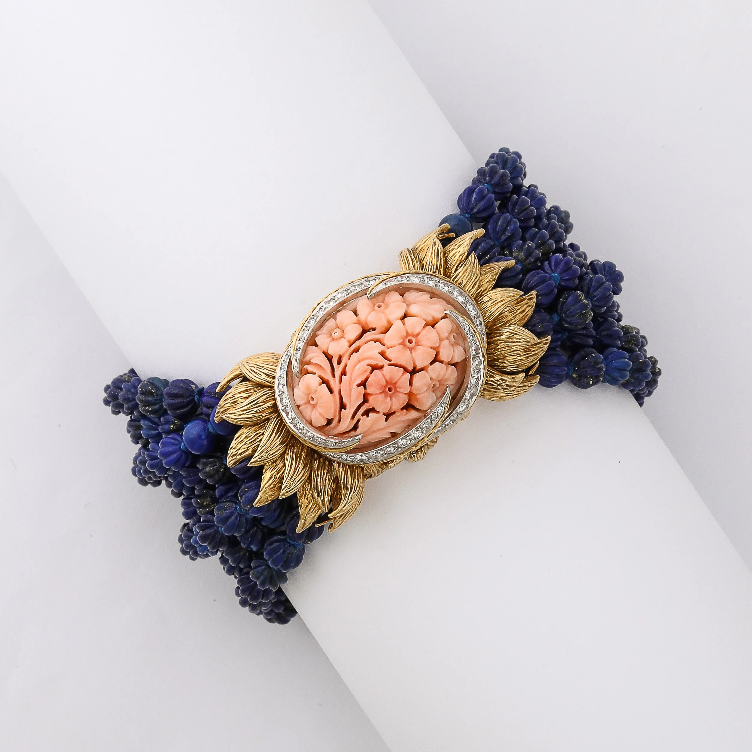 Signed David Webb Lapis Lazuli Torsade w/ 18k Gold & Carved Coral Floral Motif offered by High Style Deco — image 16