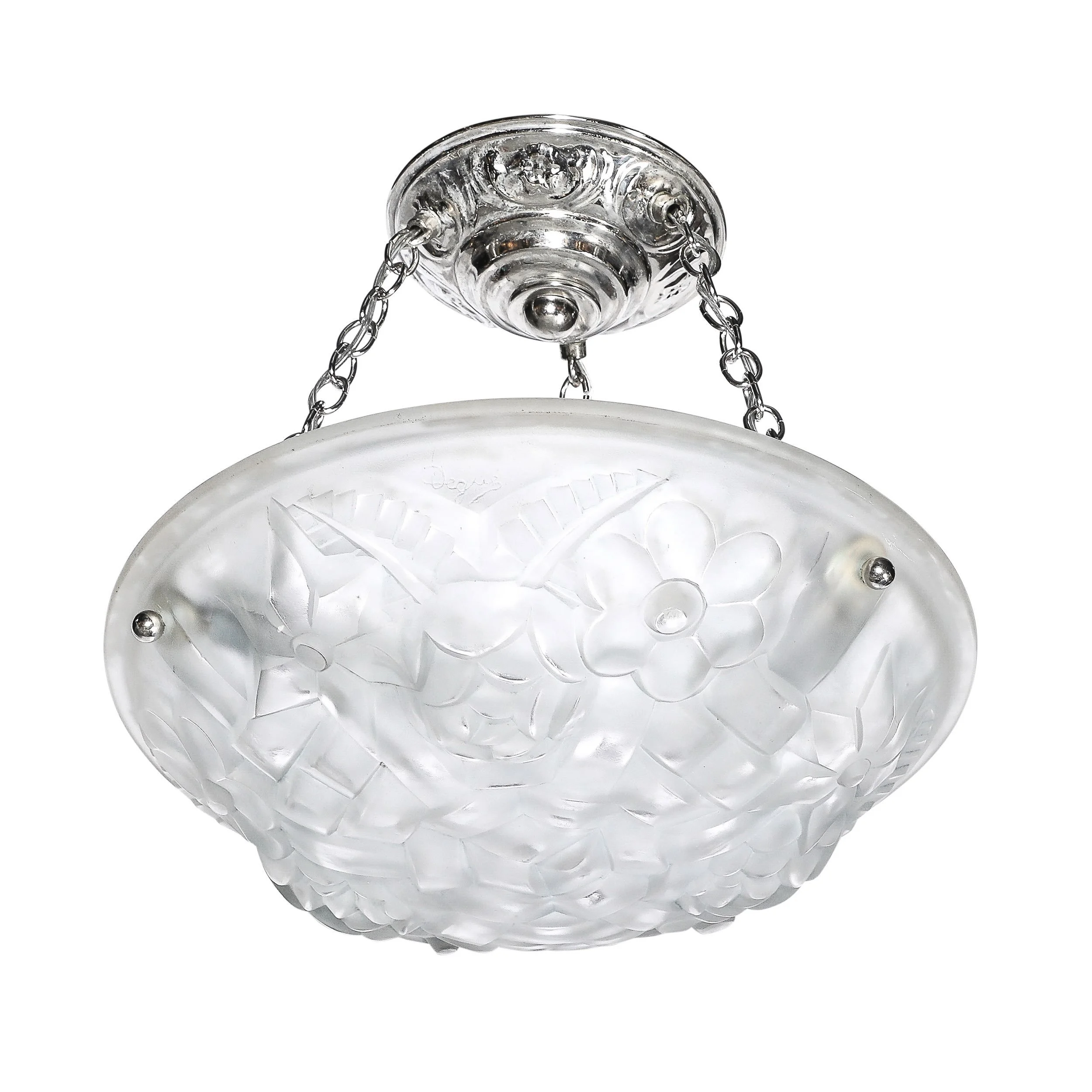 Art Deco Frosted Glass Floral Cubist Chandelier w/ Chrome Fittings Signed Degu&eacute;

France, Circa 1935

Dimensions: 

Height: 14 in (35.56 cm) x Diameter: 14 in (35.56 cm)

Creator: Degu&eacute; (Maker)
.
.
.
#artdecolighting #artdeco #interiorde