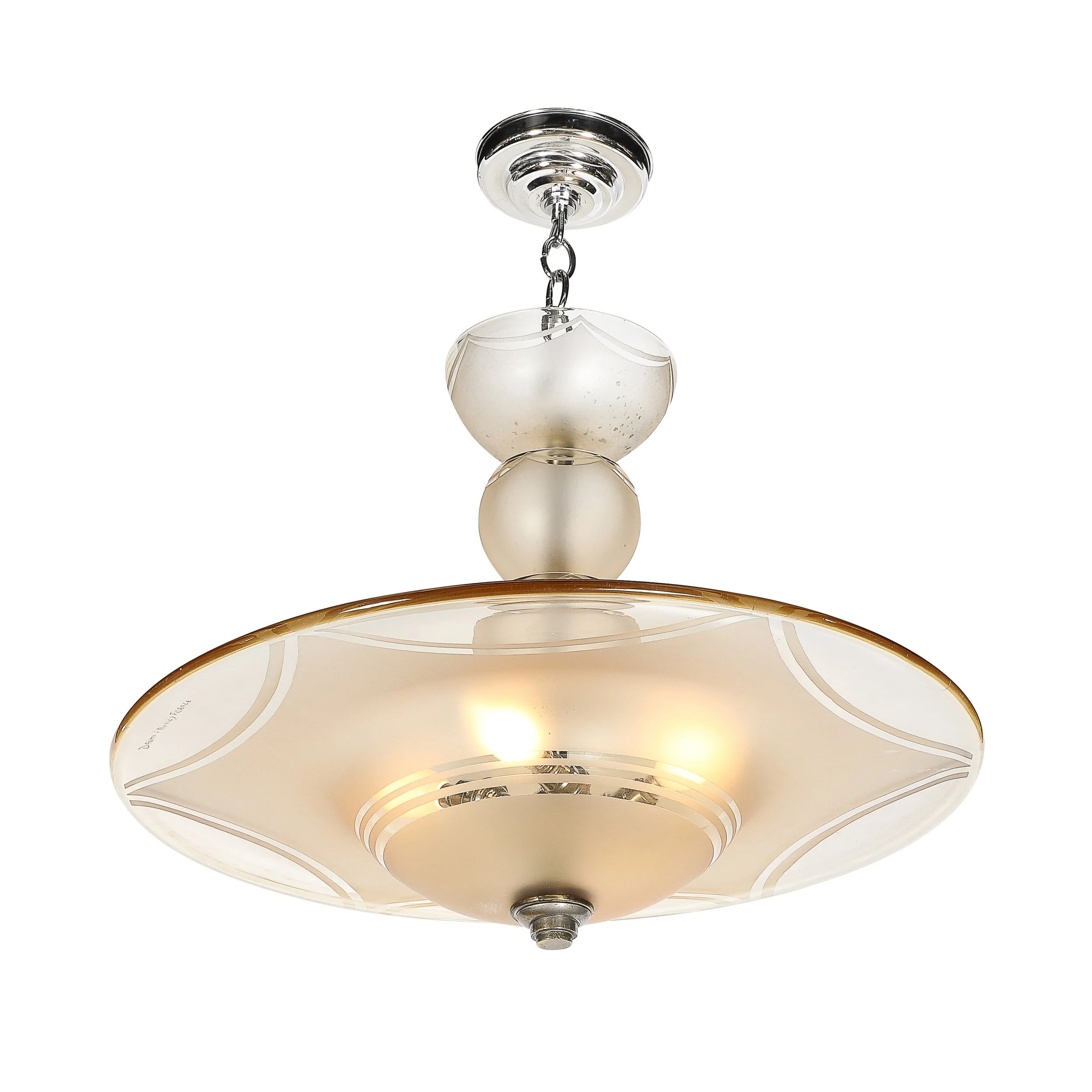 Art Deco Signed Daum Frosted Rose-Hue Saucer-Form Pendant Chandelier

France, circa 1935

Dimensions:

Height: 25 in (63.5 cm) x Diameter: 24 in (60.96 cm)
.
.
#artdeco #artdecochandelier #daum #interiordesign