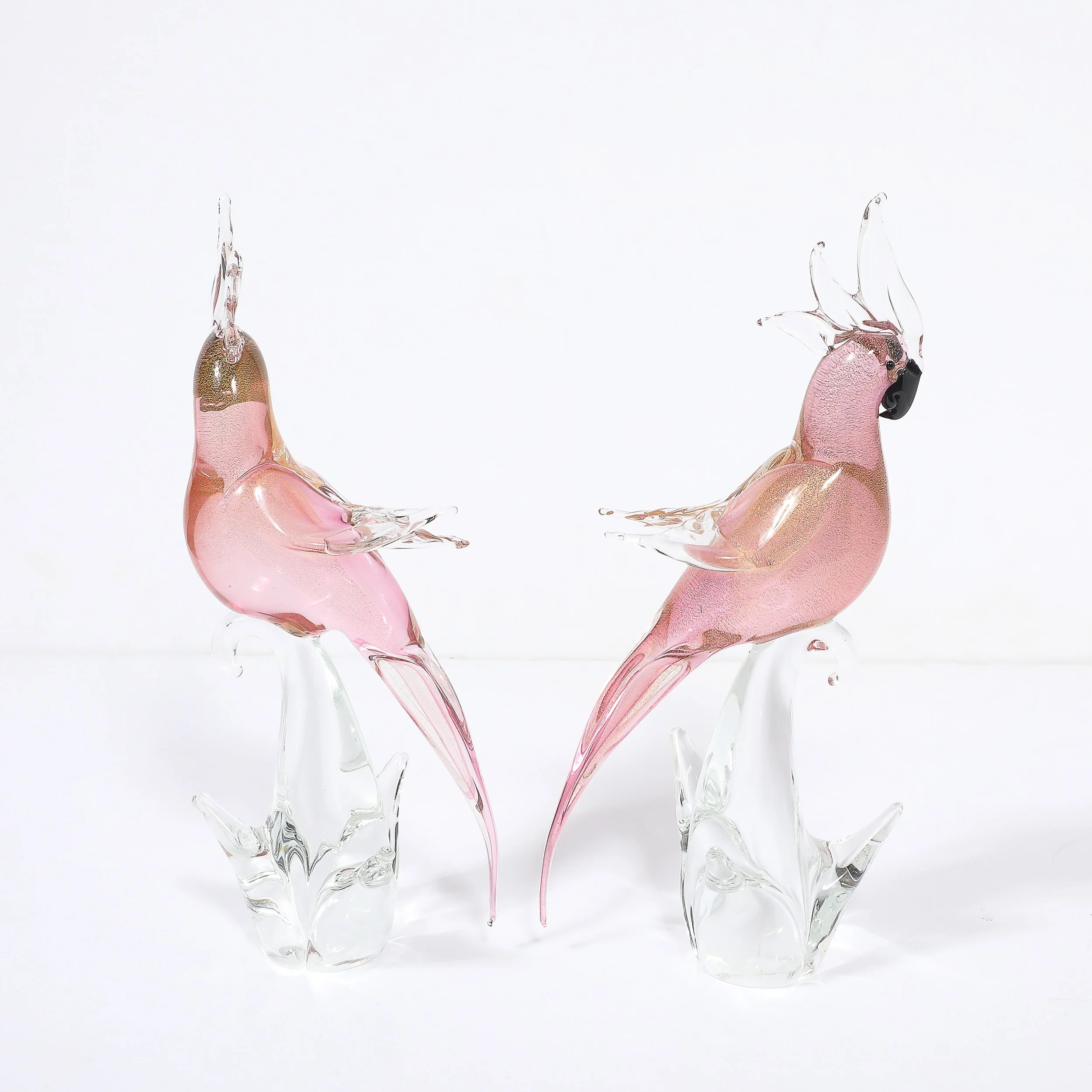 Pair of Mid-Century Hand-Blown Murano Rose Hued Cockateel Sculptures W/ 24k Gold offered by High Style Deco — image 2