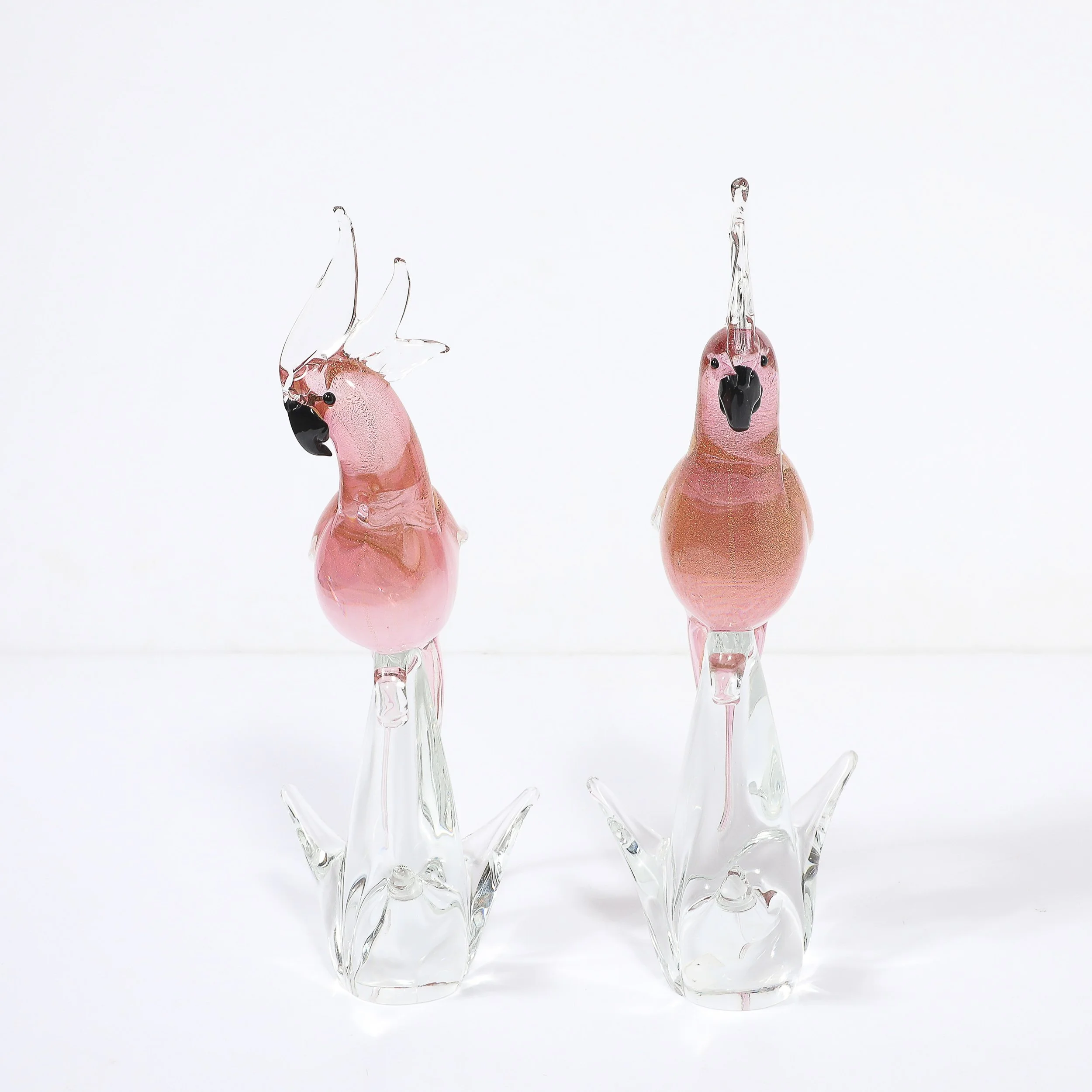 Pair of Mid-Century Hand-Blown Murano Rose Hued Cockateel Sculptures W/ 24k Gold offered by High Style Deco — image 5