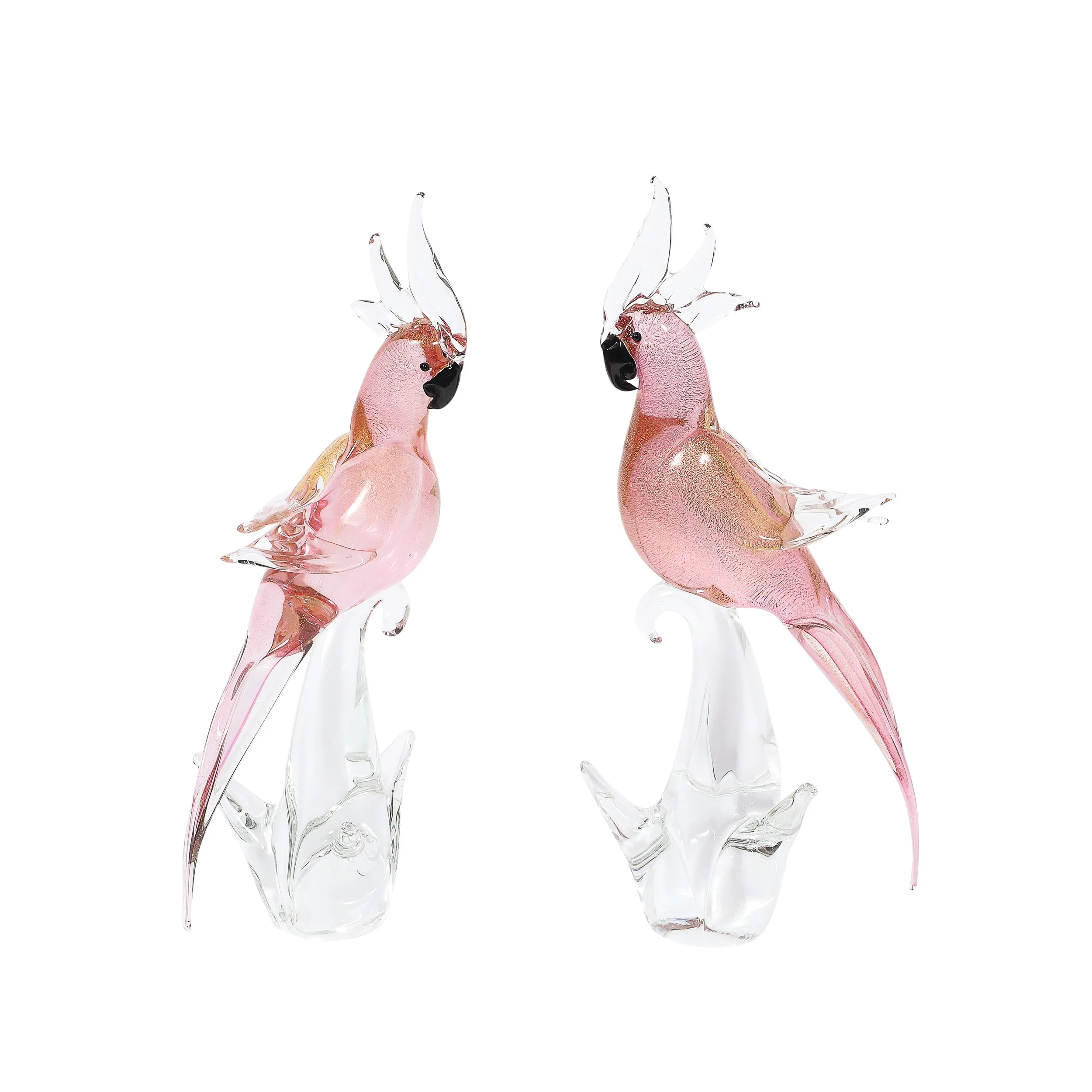 Pair of Mid-Century Hand-Blown Murano Rose Hued Cockateel Sculptures W/ 24k Gold offered by High Style Deco — image 1