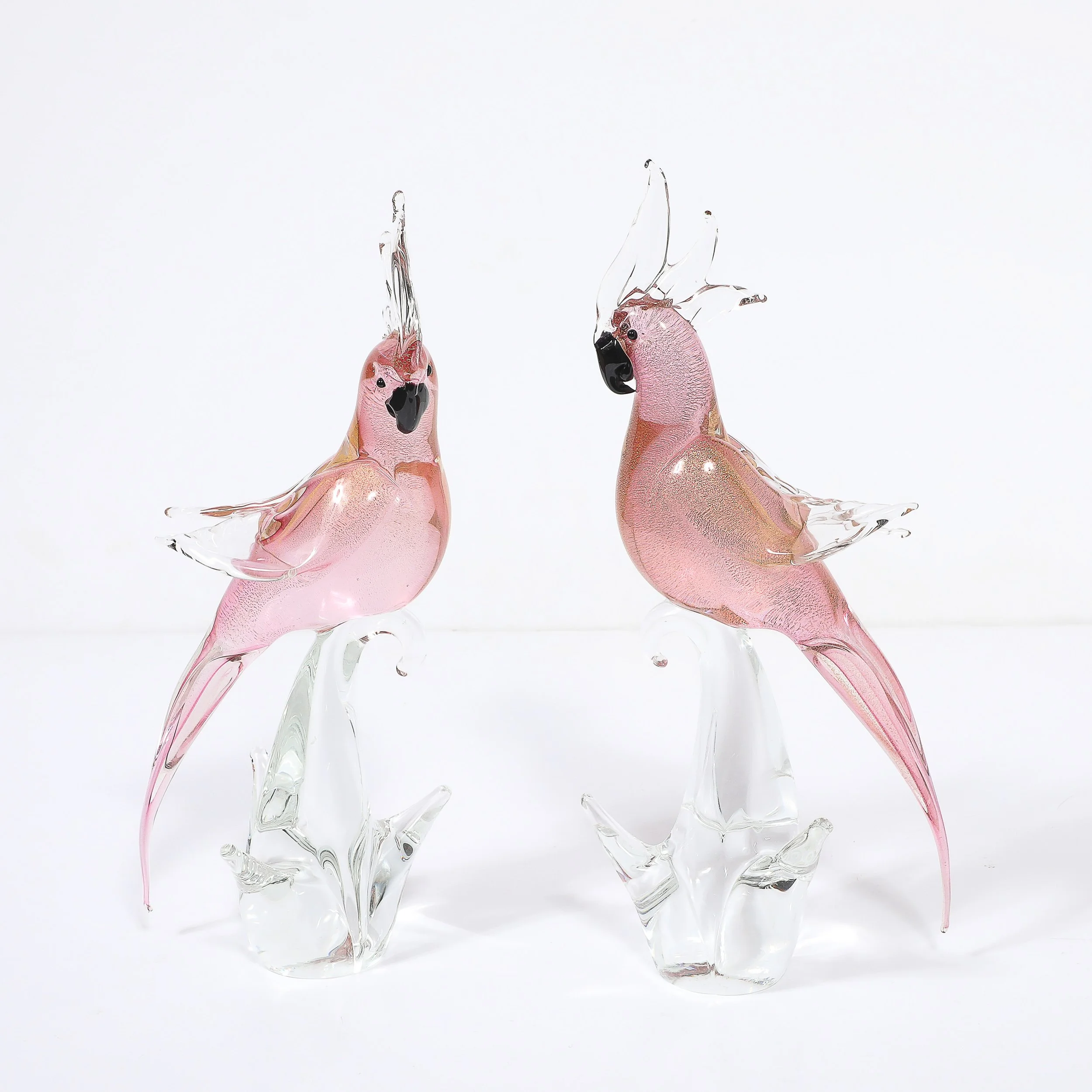 Pair of Mid-Century Hand-Blown Murano Rose Hued Cockateel Sculptures W/ 24k Gold offered by High Style Deco — image 4