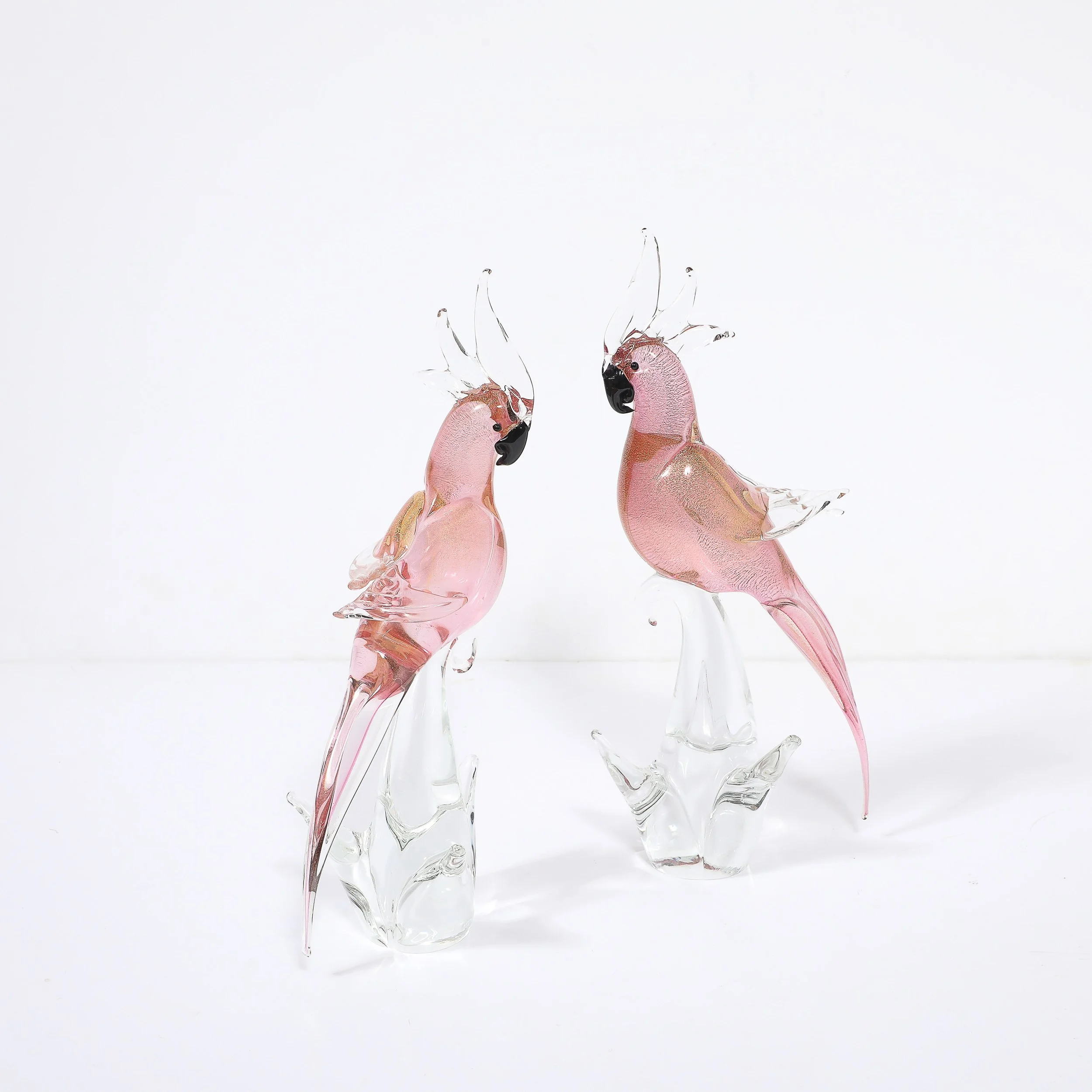 Pair of Mid-Century Hand-Blown Murano Rose Hued Cockateel Sculptures W/ 24k Gold offered by High Style Deco — image 8